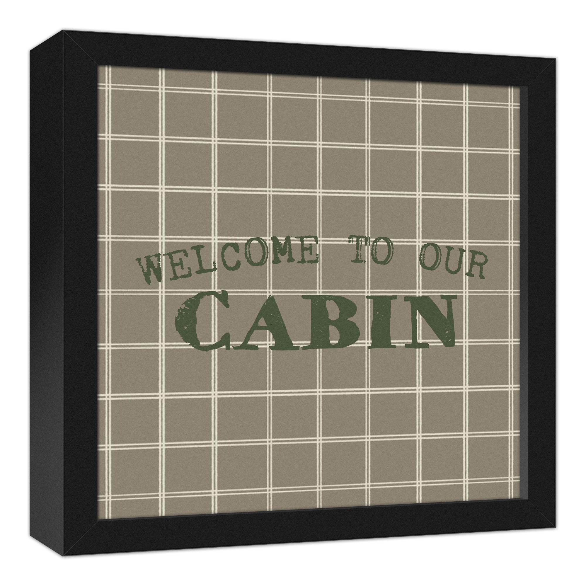Welcome To Our Cabin Taupe and White Check Canvas Wall Art in Black Frame