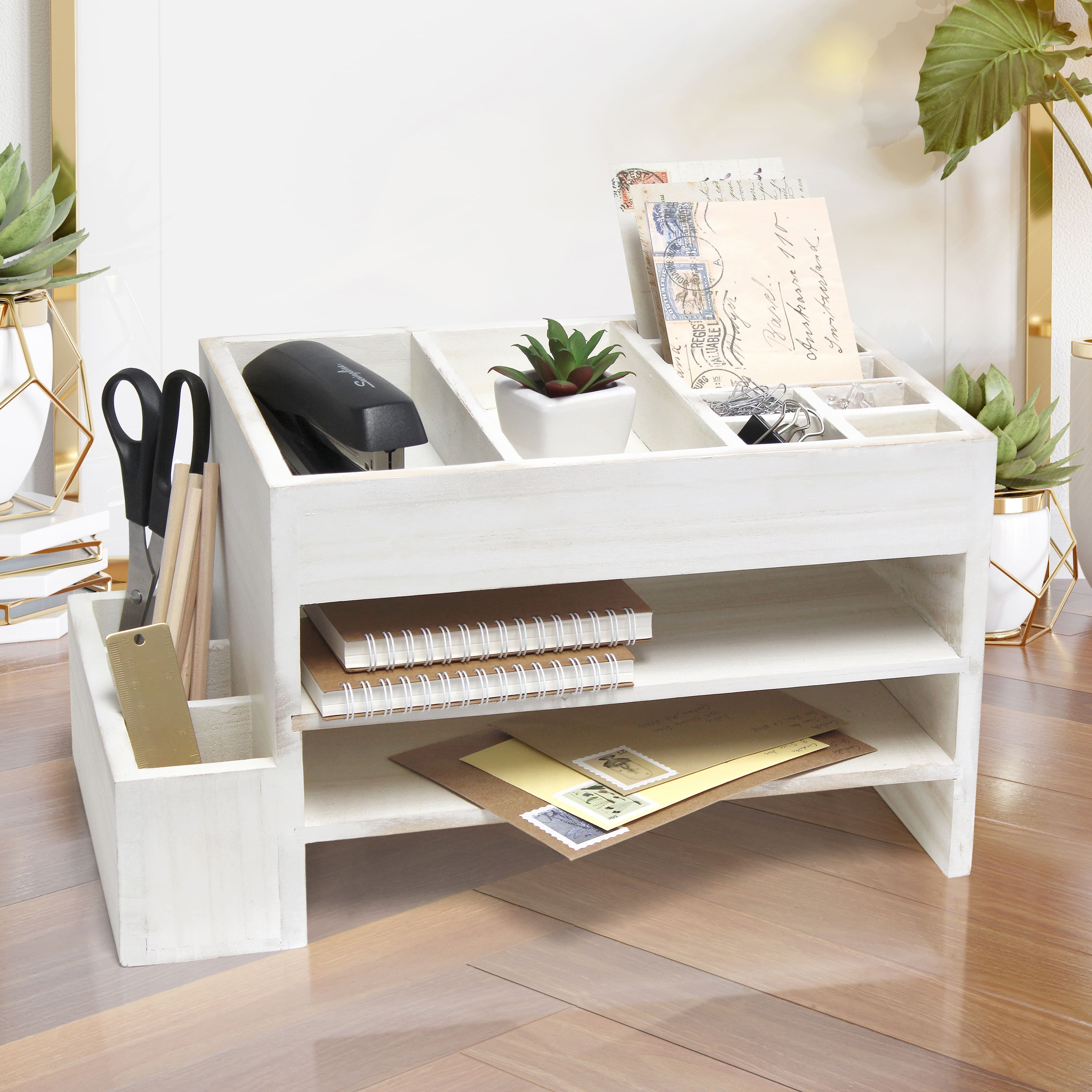 Elegant Designs Whitewash Wood Cubbies &#x26; Letter Tray Desk Organizer