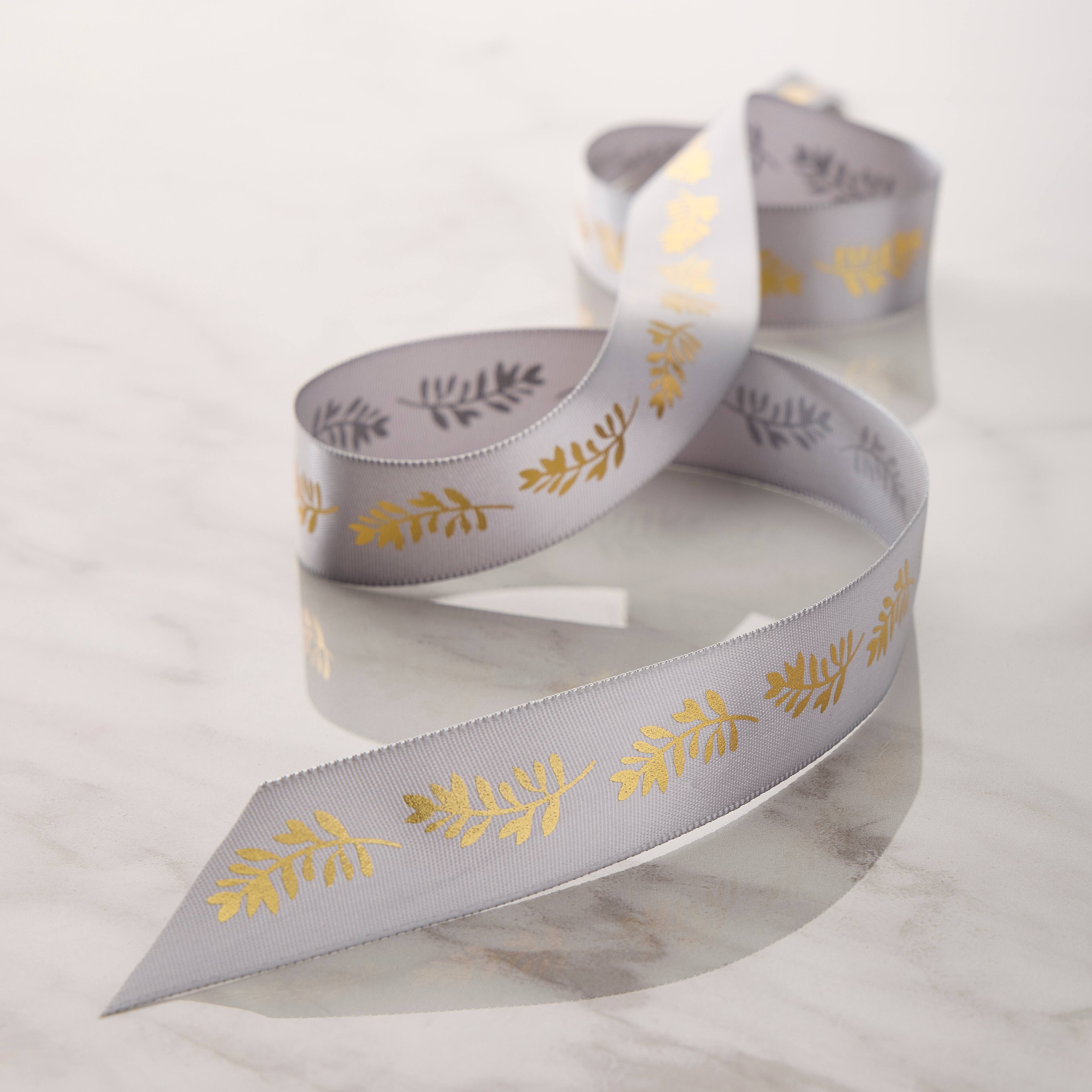 7/8&#x22; x 5yd. Satin Gold Foil Leaf Stem Ribbon by Celebrate It&#xAE; Classic