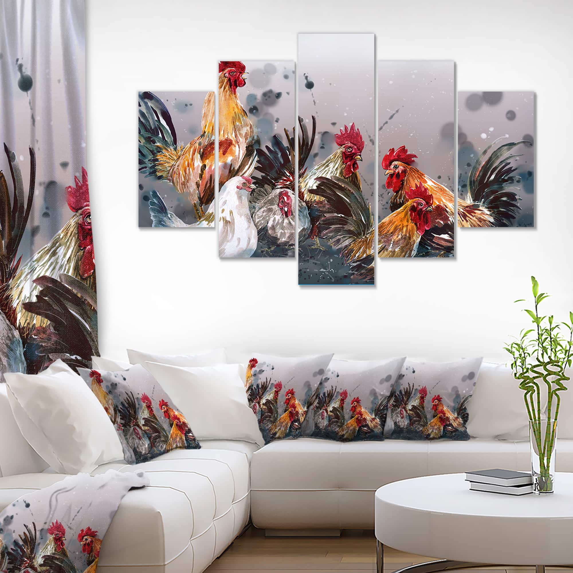 Designart - Group of Rooster in Gray Farm background