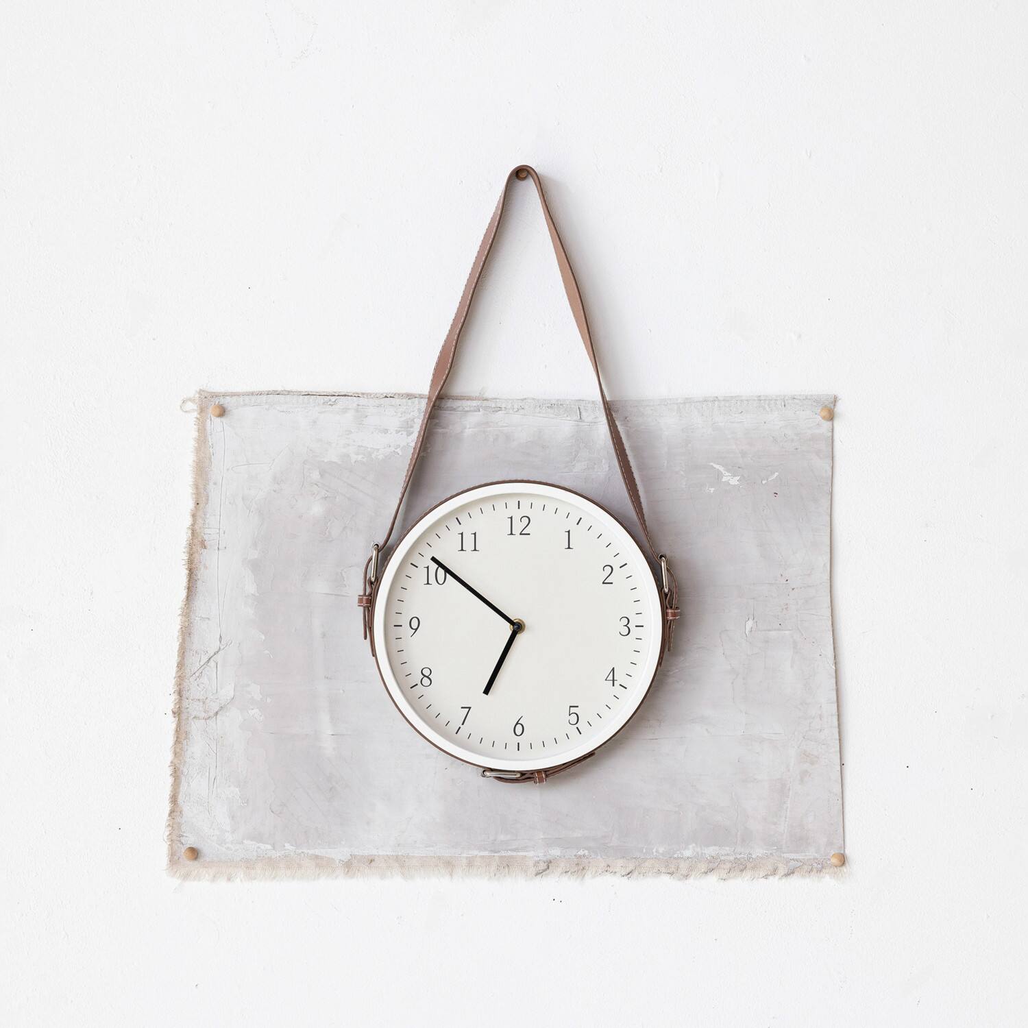 Hello Honey&#xAE; White &#x26; Brown Plastic Hanging Wall Clock with Leather Strap