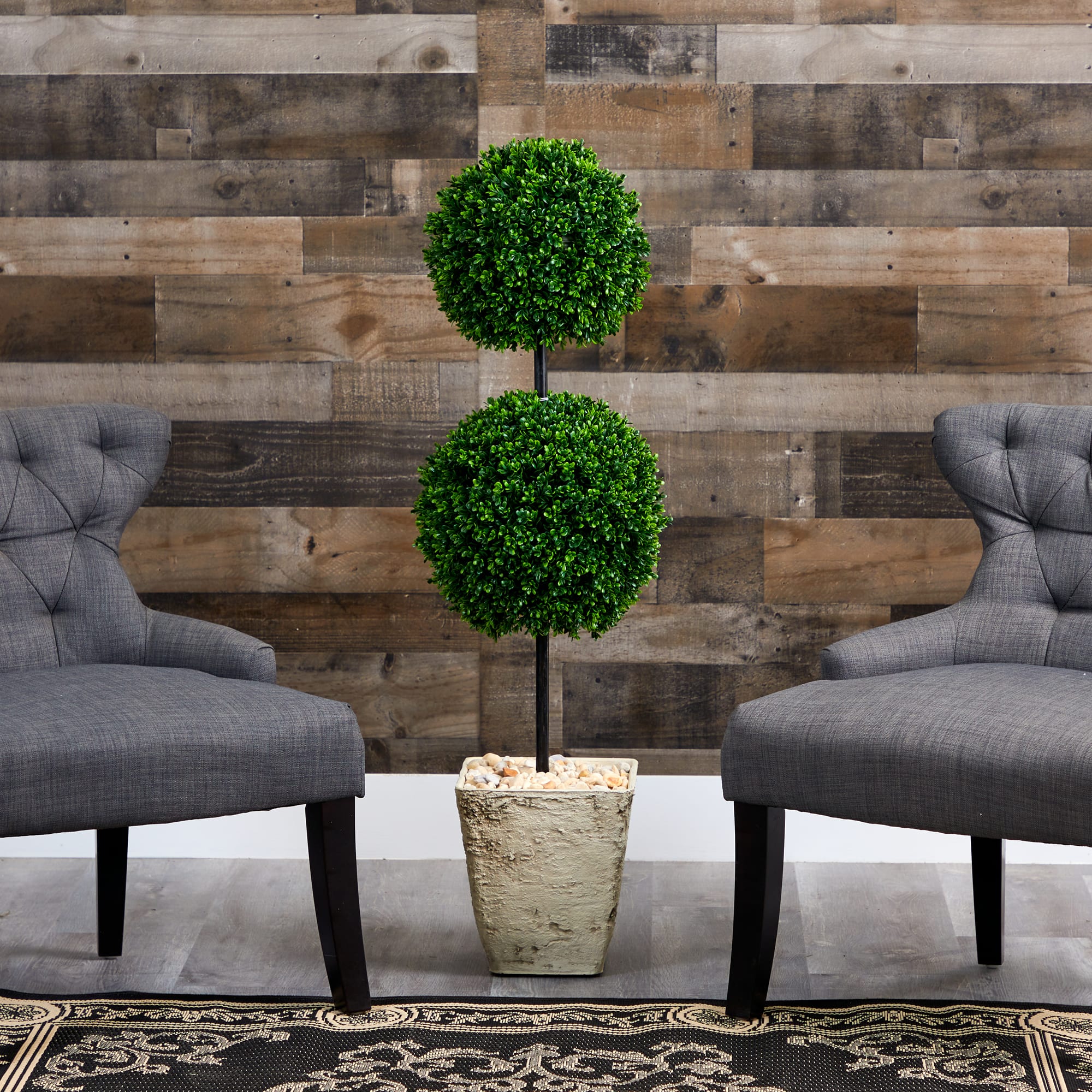 4ft. Boxwood Double Ball Topiary Tree in Country White Planter