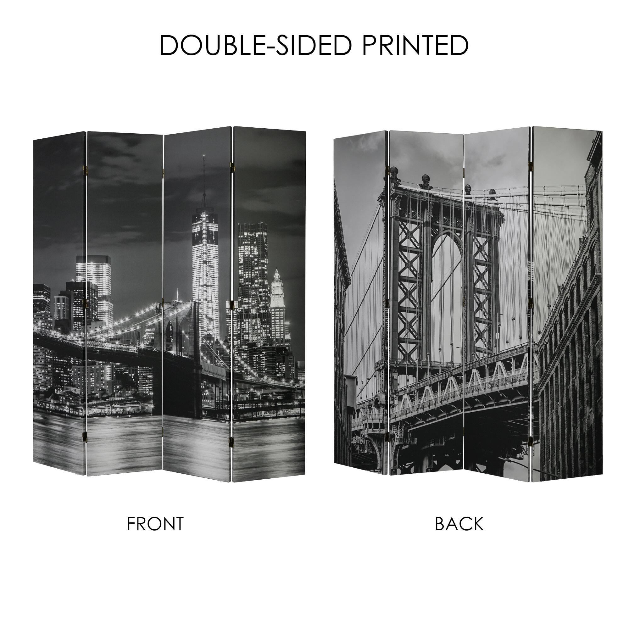 American Art Decor™ 6ft. Double-Sided 4-Panel Black and White Brooklyn Bridge, Manhattan Bridge Photo Canvas Privacy Screen