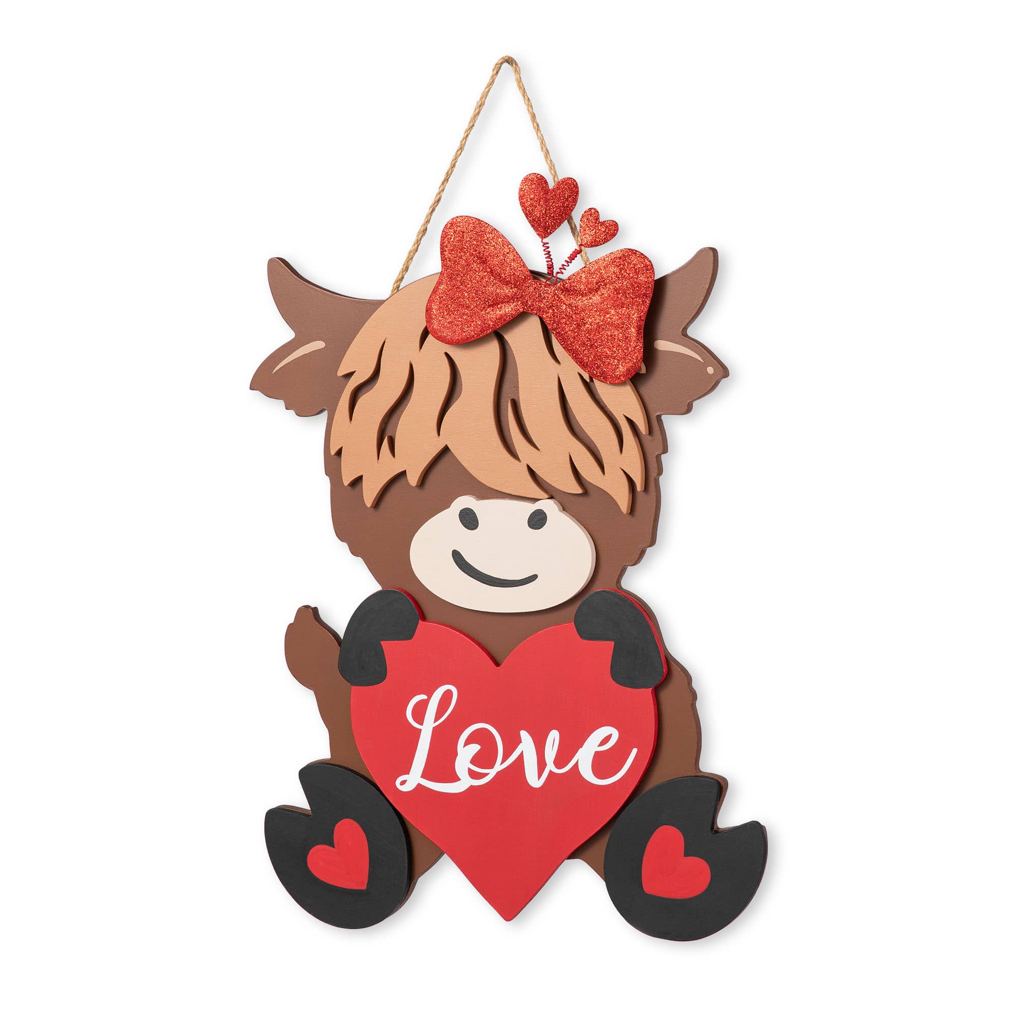 Glitzhome® 18" Valentine's Wooden Highland Cow Door Hanger