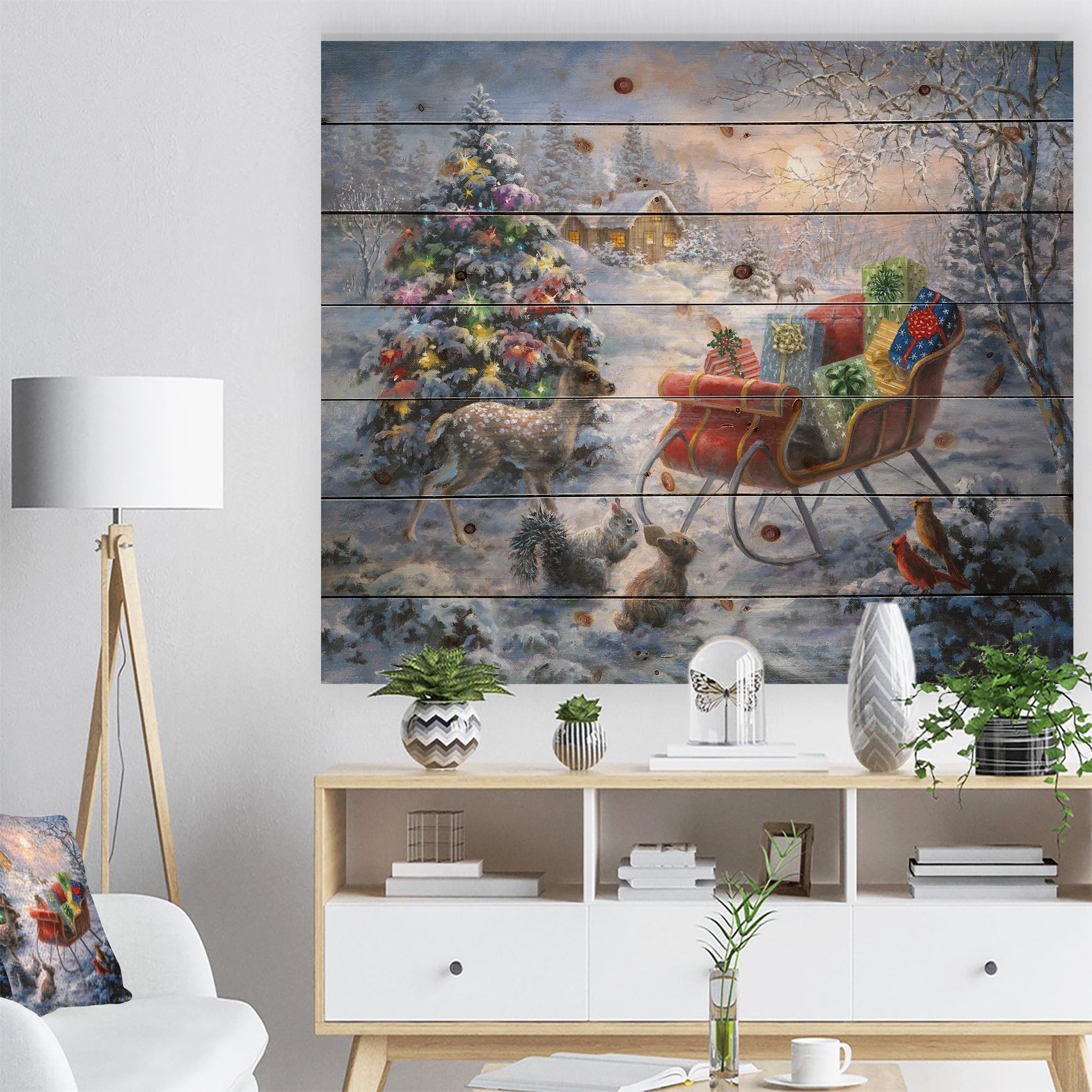 Designart Christmas Tree with Sleigh Print on Natural Pine Wood