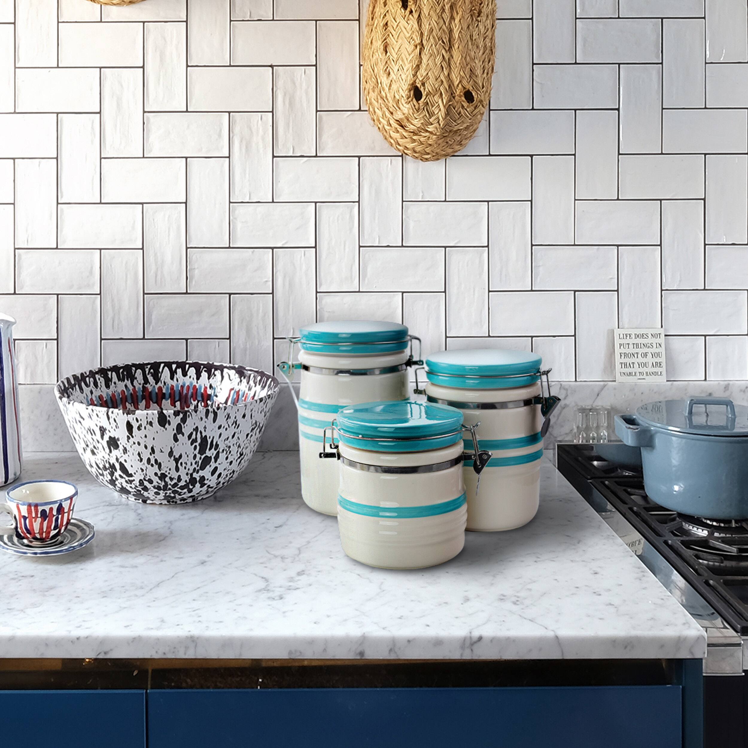 Gibson General Store Hollydale 3 Piece Canister Set in White &#x26; Teal Band