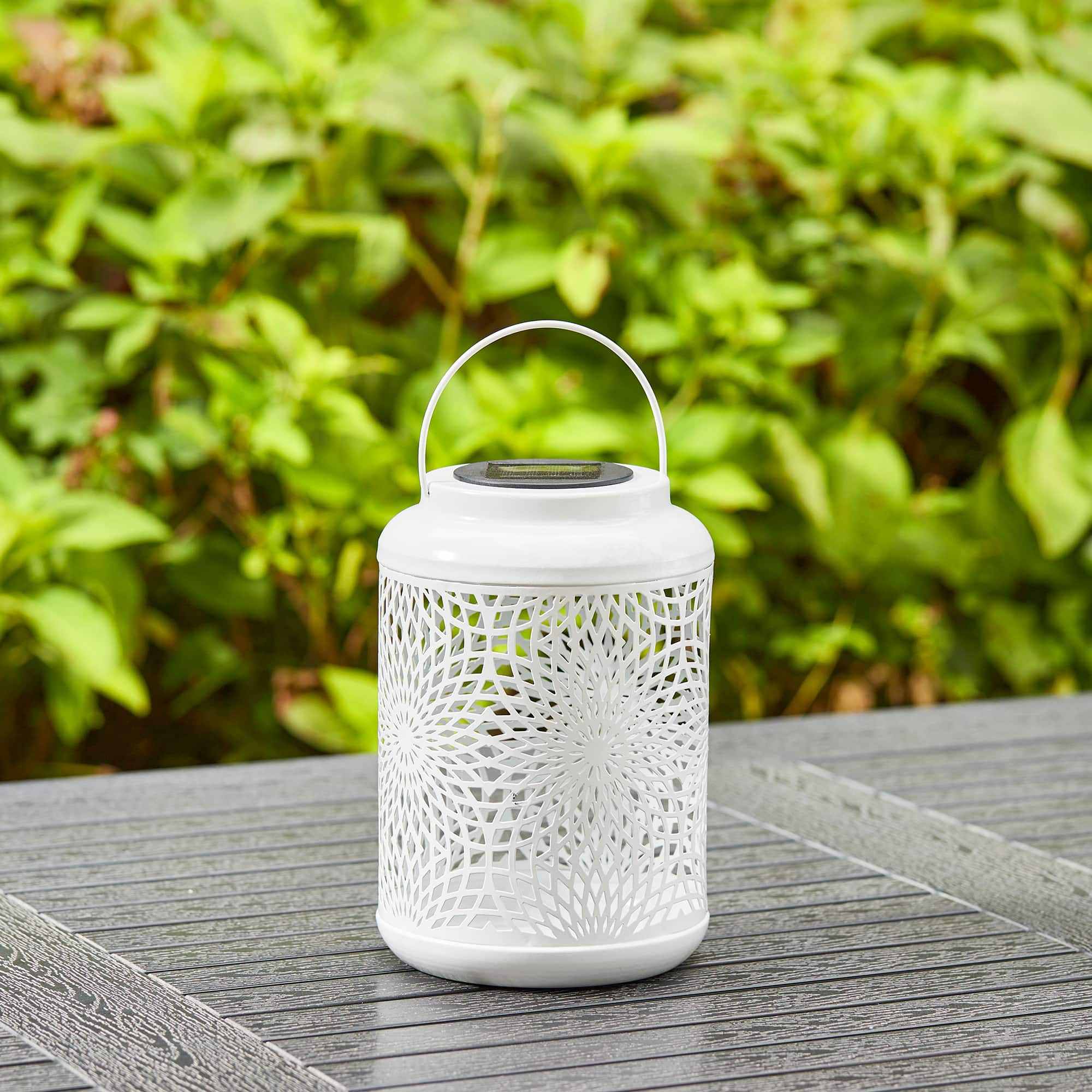 Glitzhome&#xAE; 9&#x22; Cutout Metal Solar Powered Outdoor Hanging Lantern