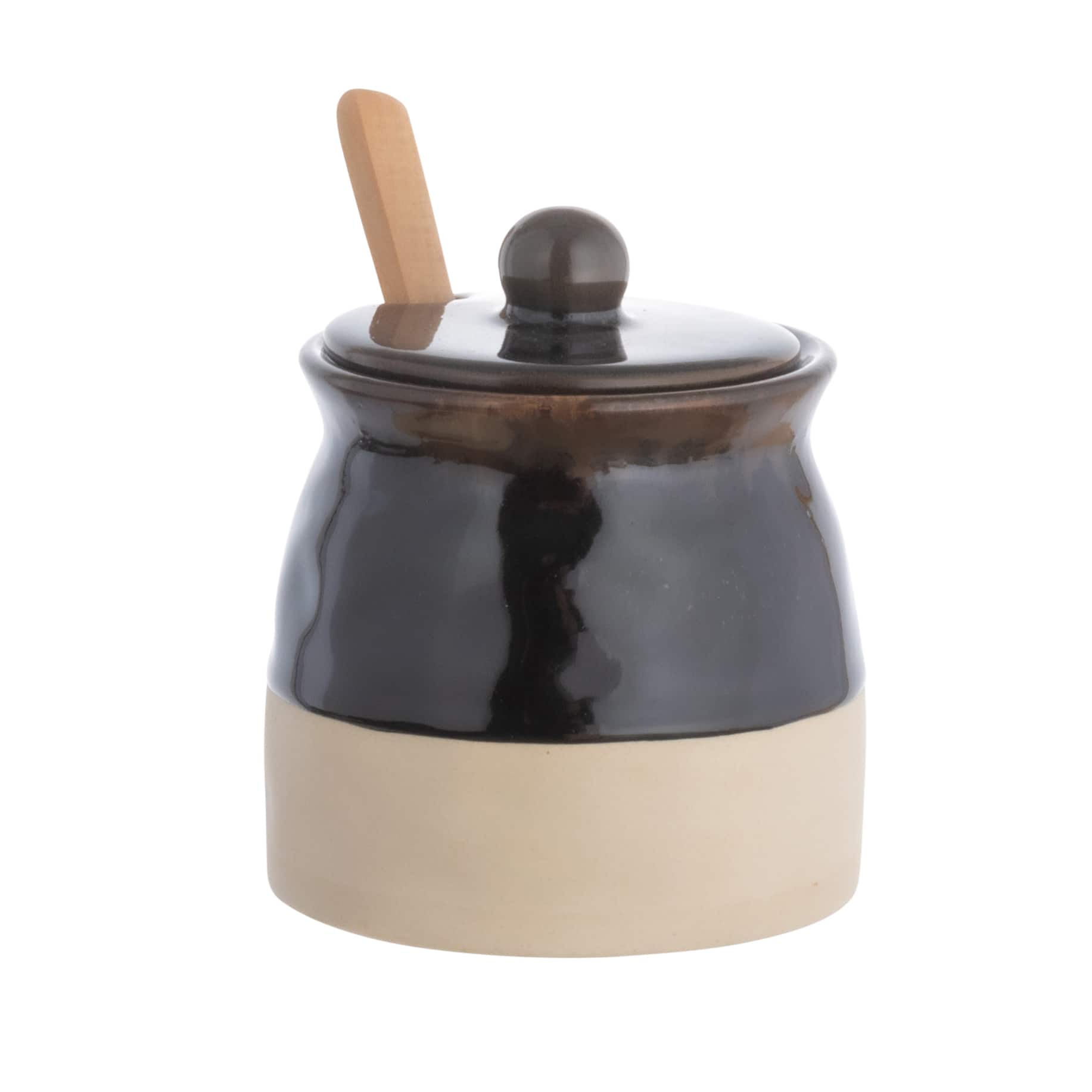 4.4&#x22; Black Stoneware Sugar Pot with Lid &#x26; Wood Spoon