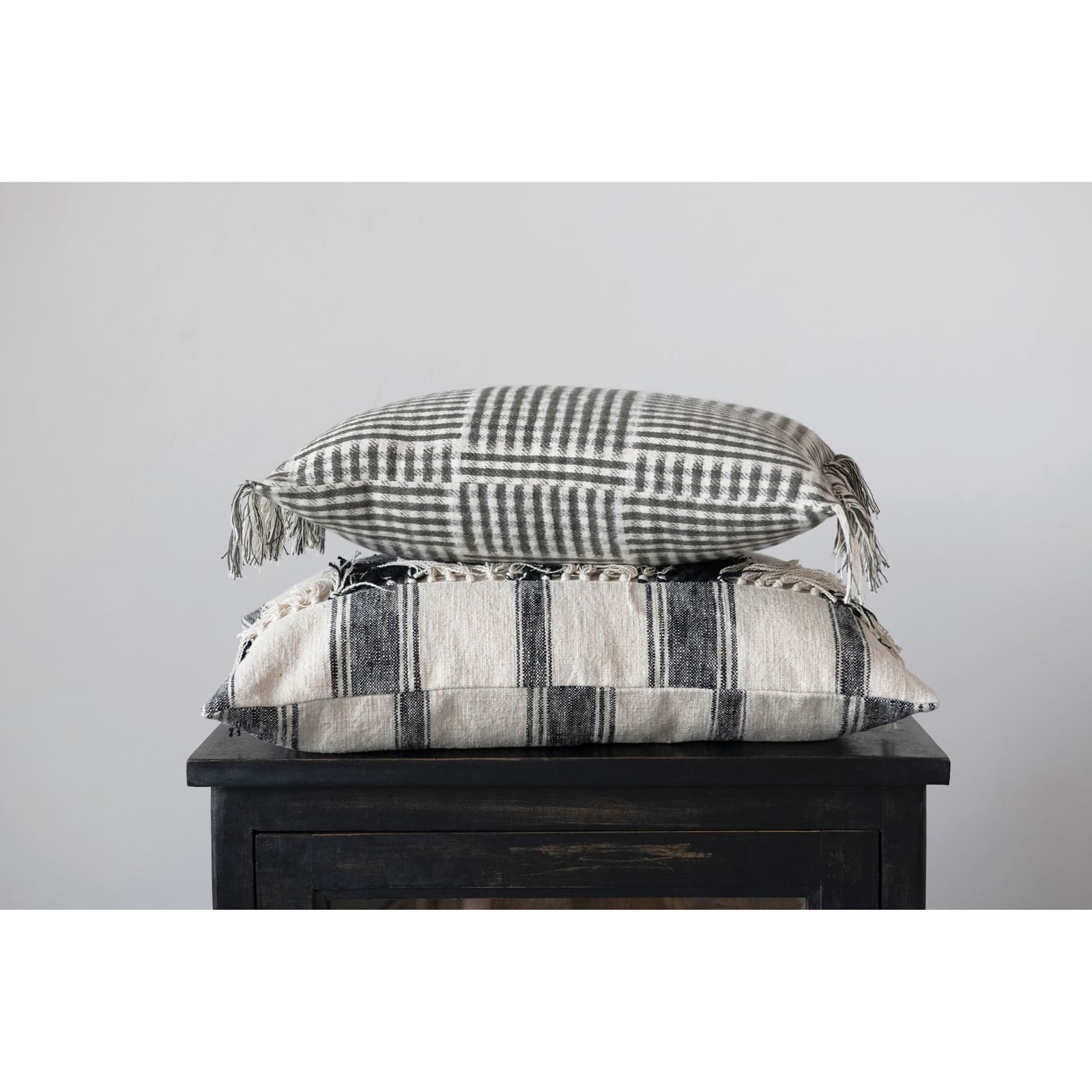 Hello Honey&#xAE; Black &#x26; White Gingham Cotton Flannel Lumbar Pillow with Fringe