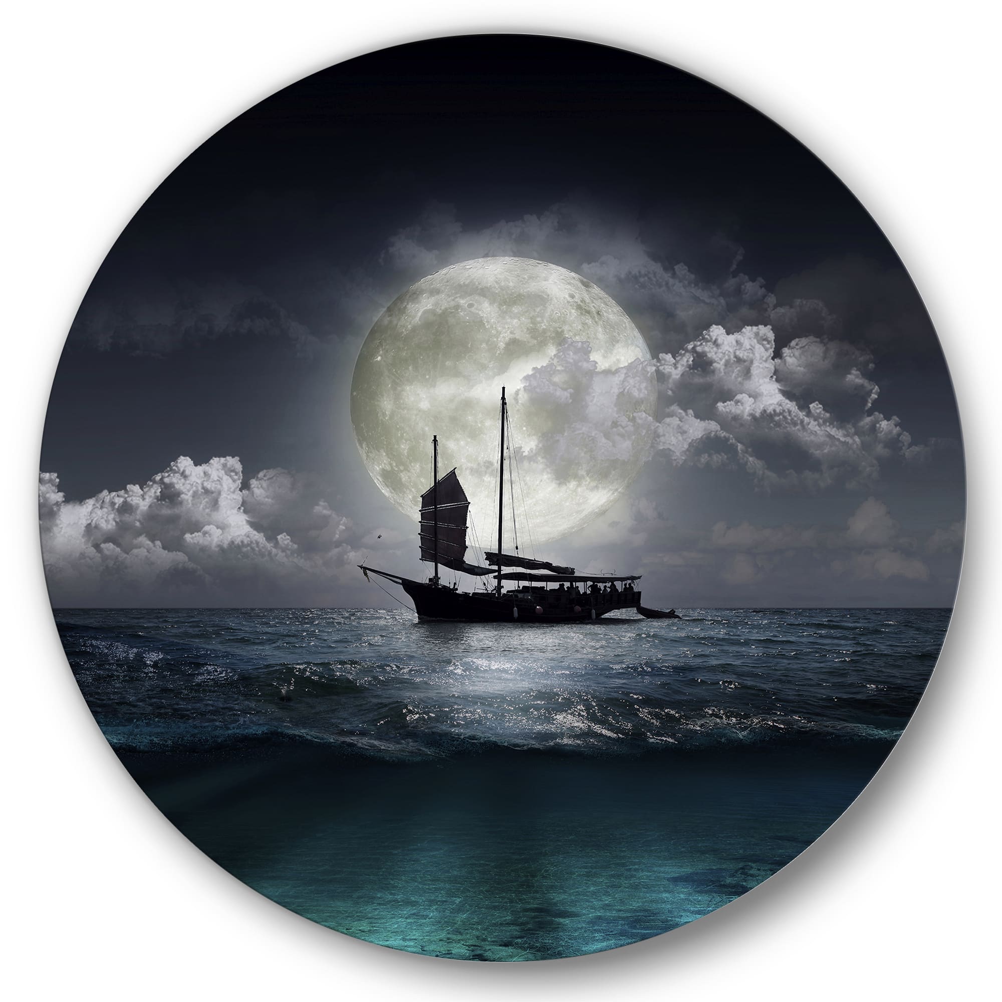 Designart - Fisher Boat On The Lake During Full Moon - Nautical &#x26; Coastal Metal Circle Wall Art