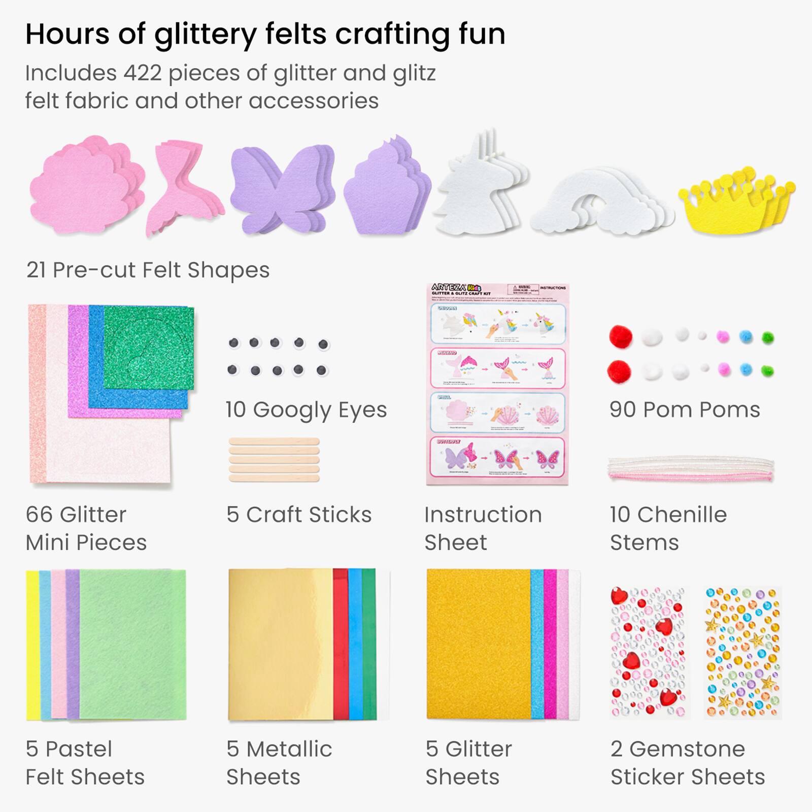 Arteza&#xAE; Kids Felt Craft Kit, Glitter &#x26; Glitz