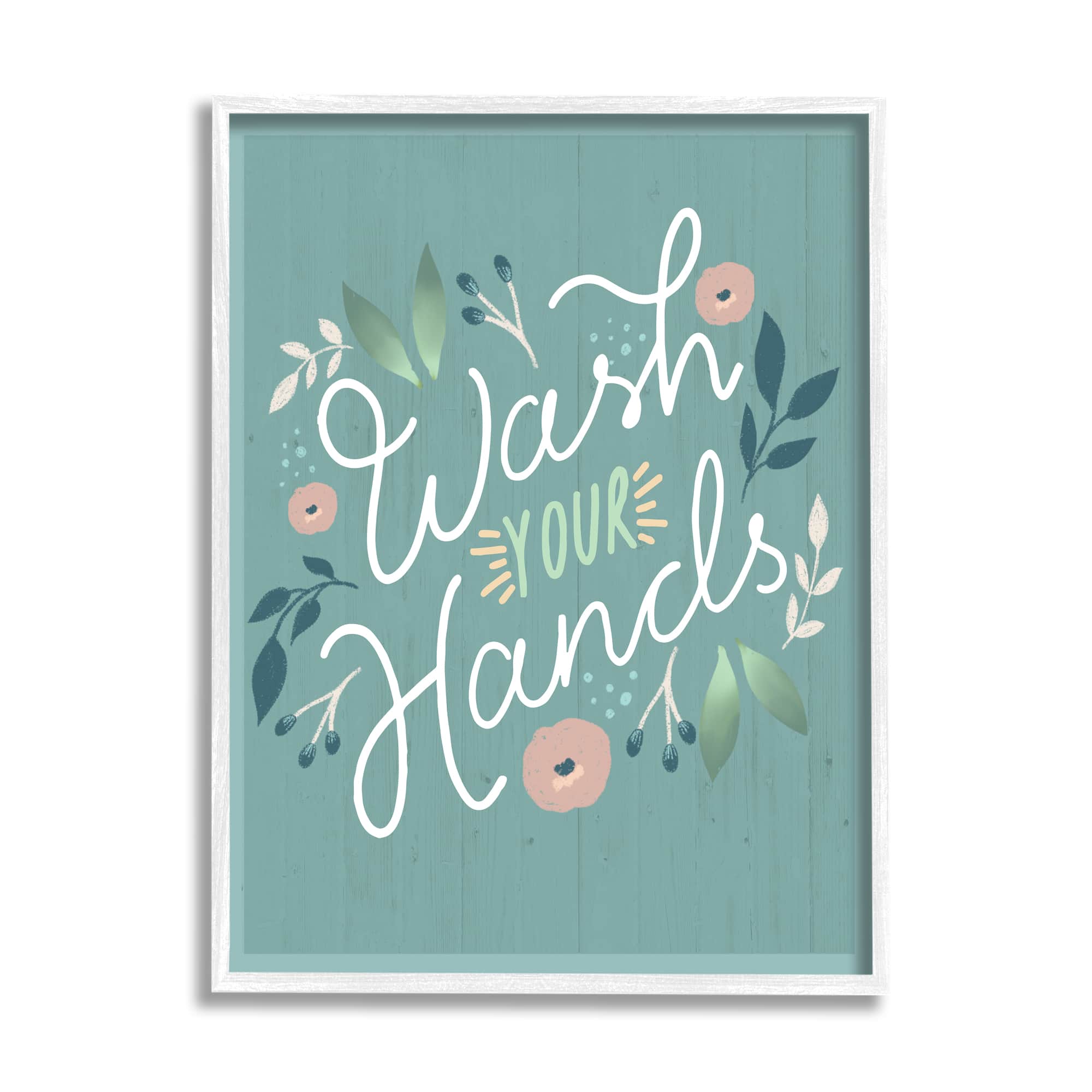 Stupell Industries Wash Your Hands Pink Florals Green Farmhouse Pattern Framed Wall Art