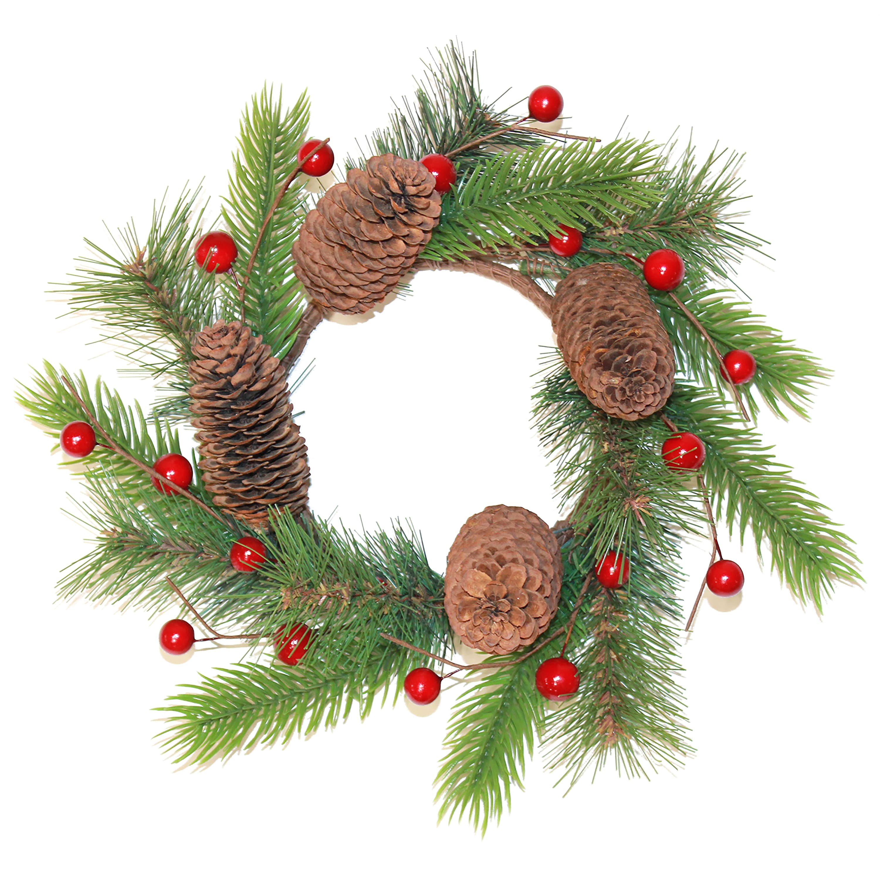 10" Green Pine, Red Berry & Pinecone Pillar Candle Rings, 3ct.