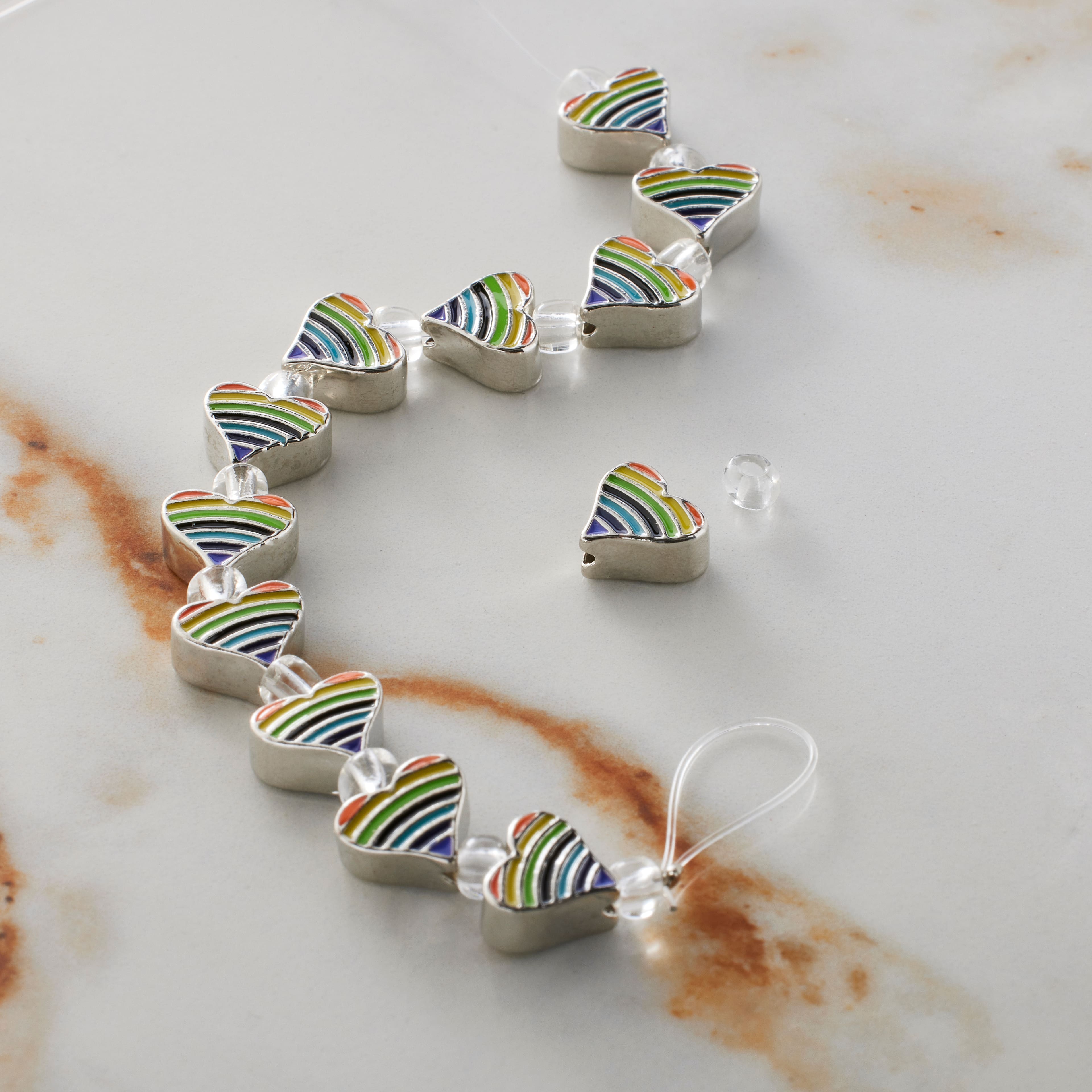 Rainbow Stripe &#x26; Rhodium Heart Beads, 9mm by Bead Landing&#x2122;