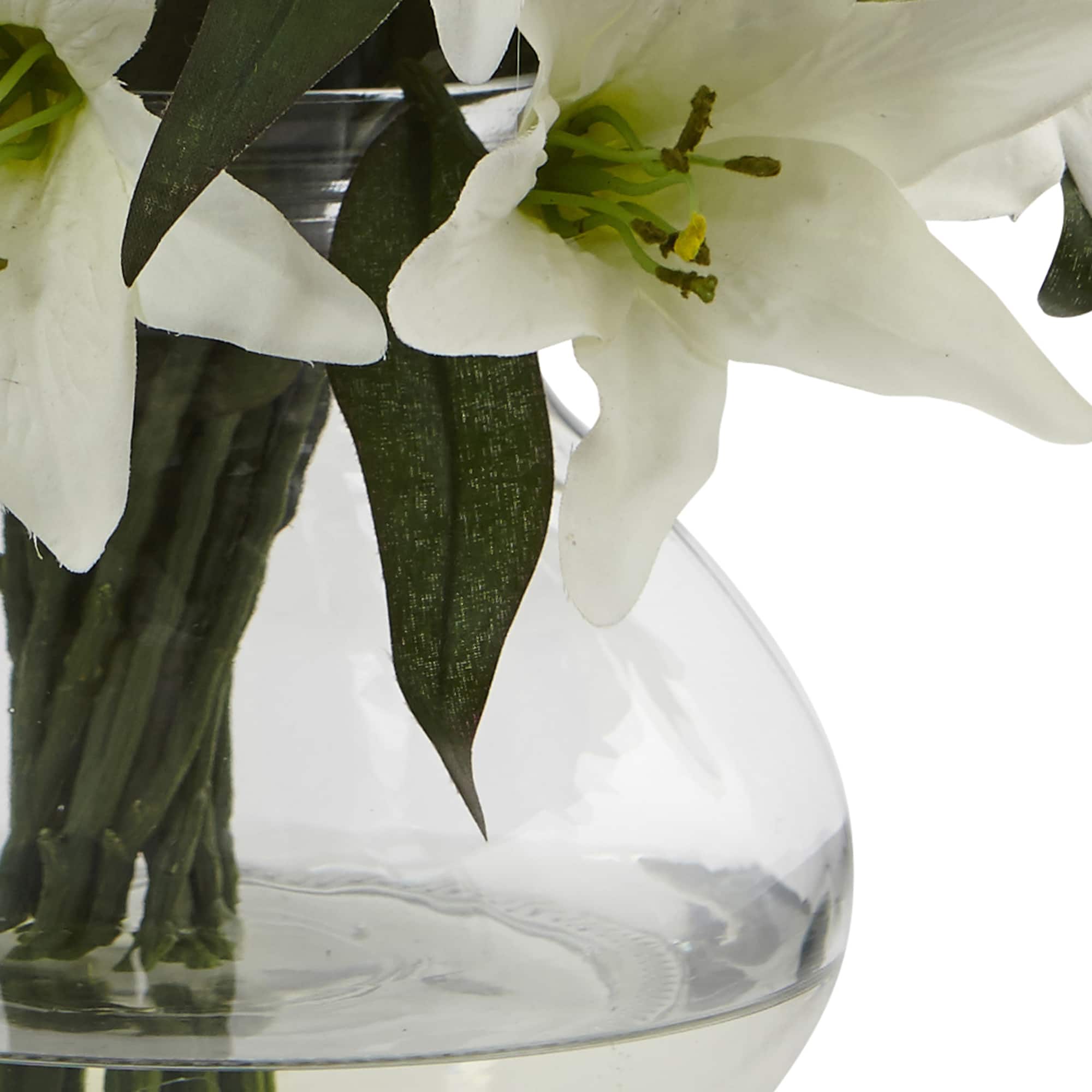 16" White Lily Silk Arrangement with Glass Vase