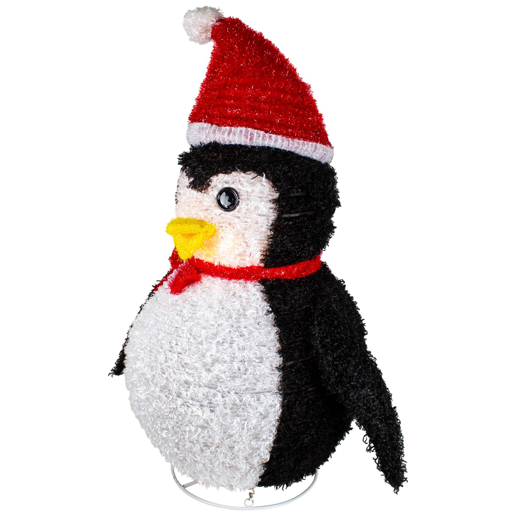 32&#x22; Pre-Lit Outdoor Chenille Penguin with Santa Hat Christmas Yard Art Decoration