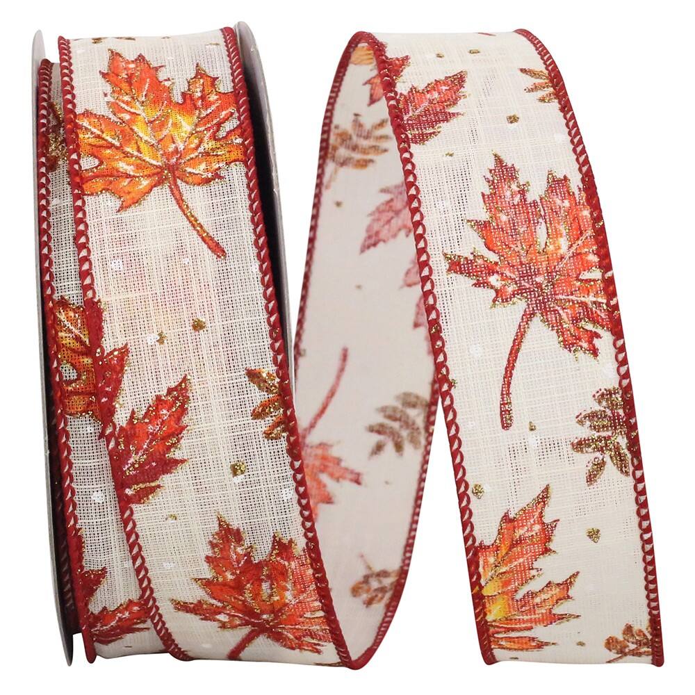 JAM Paper 1.5" x 20yd. Linen Wired Glitter Highlights Leaf Ribbon