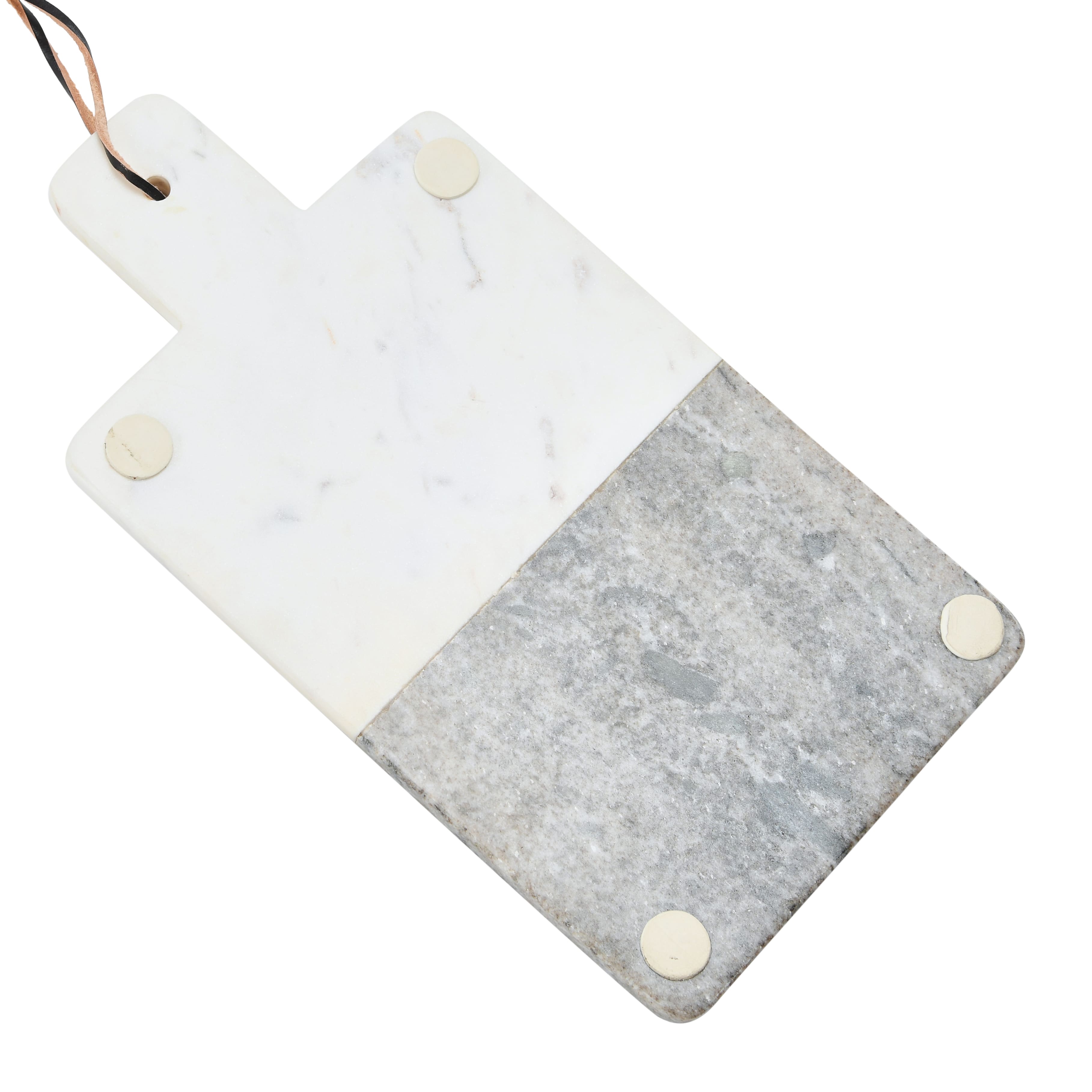 15&#x22; Gray and White Boho 2-Tone Marble Charcuterie or Cutting Board with Brass Inlay and Leather Tie