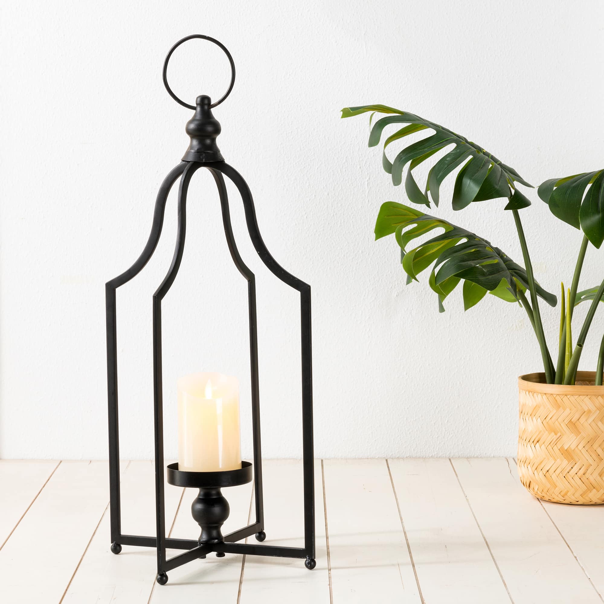 22" Modern Farmhouse Black Metal Candle Lantern