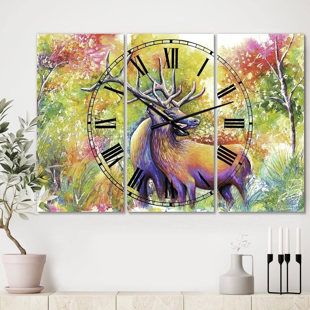 Designart Hugging Elk Love Cottage 3 Panel Oversized Wall Clock