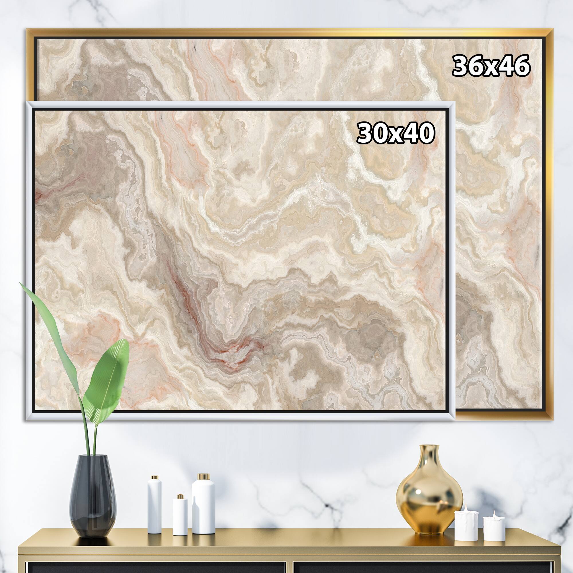 Designart - White Onyx Natural White Marble - Glam Framed Canvas Wall Art Print