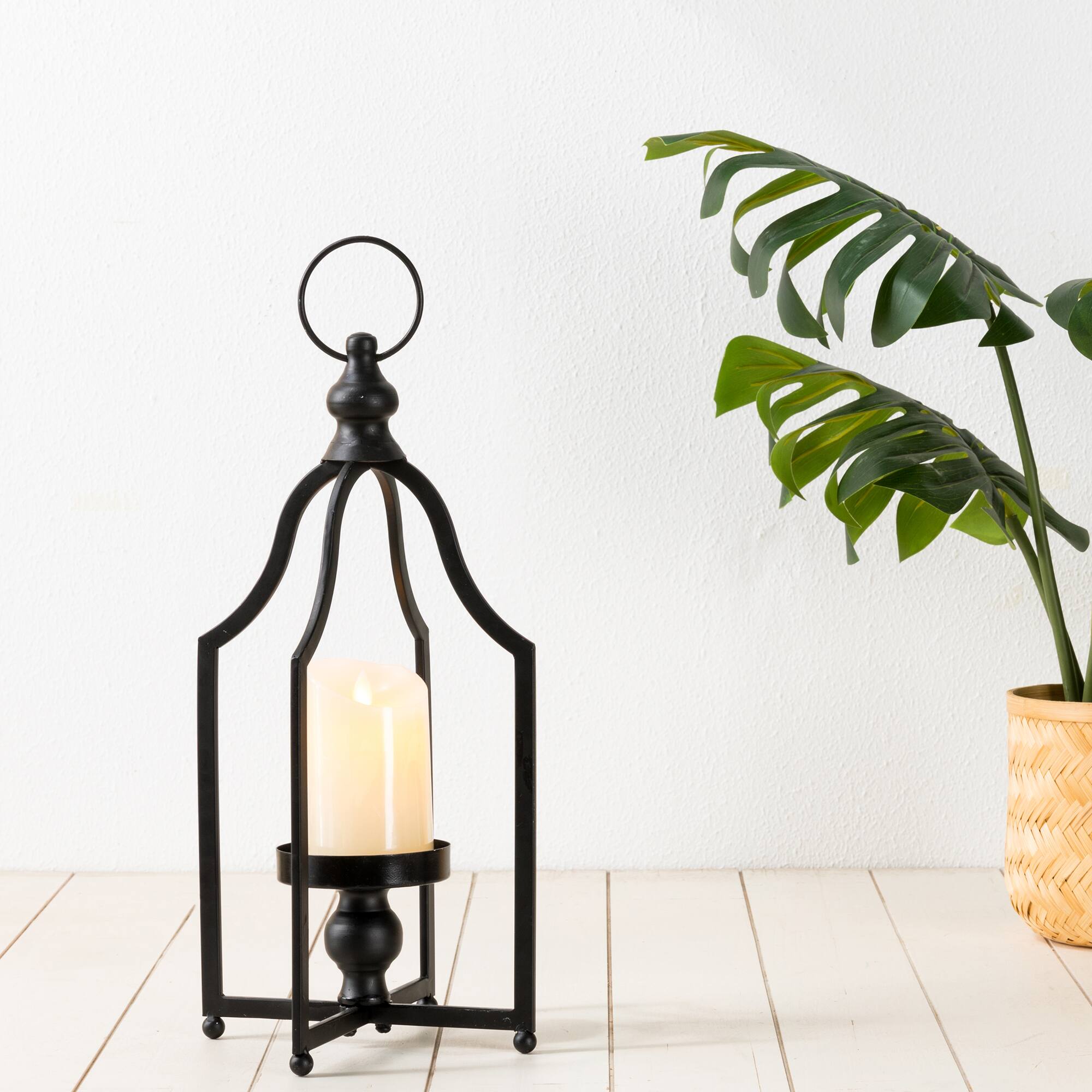 16.5" Modern Farmhouse Black Metal Candle Lantern