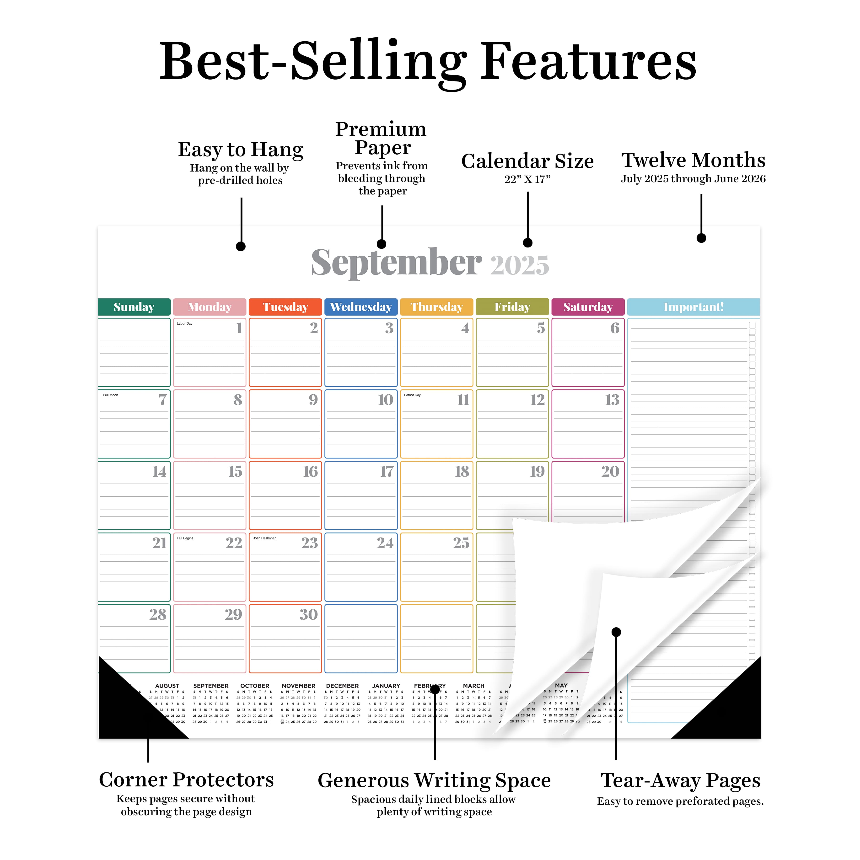 July 2025 - June 2026 Large Rainbow Blocks Desk Pad Monthly Blotter Calendar