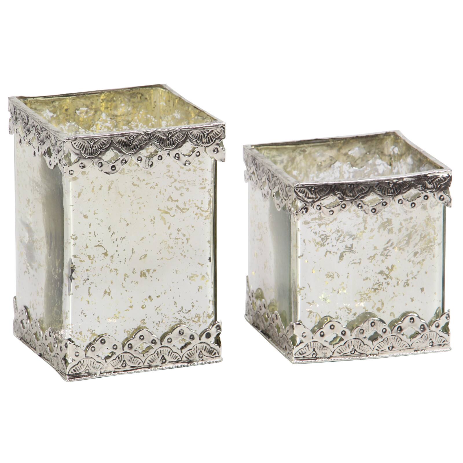 Set of 2 White Glass Glam Candle Holder, 6", 8"