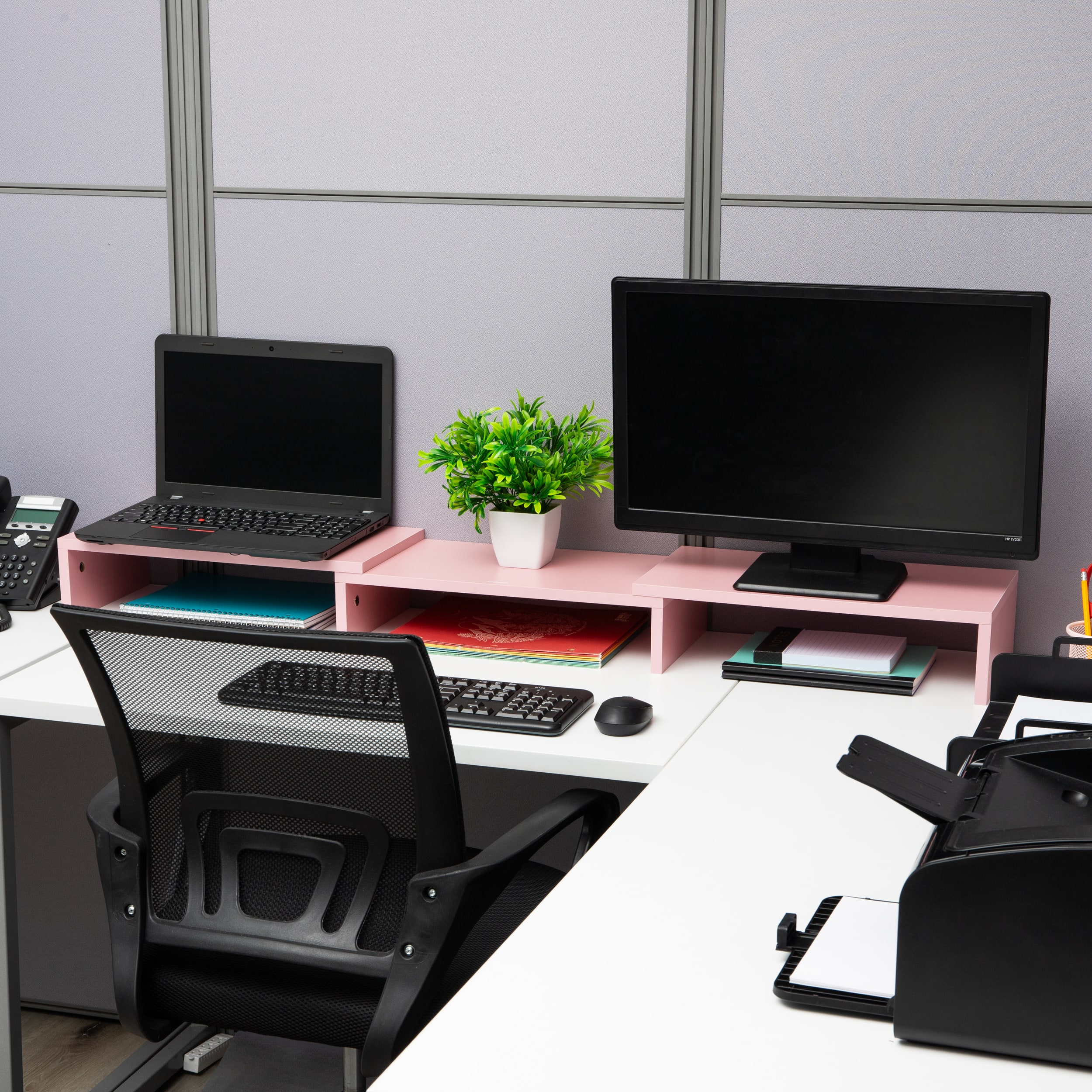 Mind Reader Dual Monitor Stand, Laptop Riser, Desktop Organizer, Office, MDF, Pink