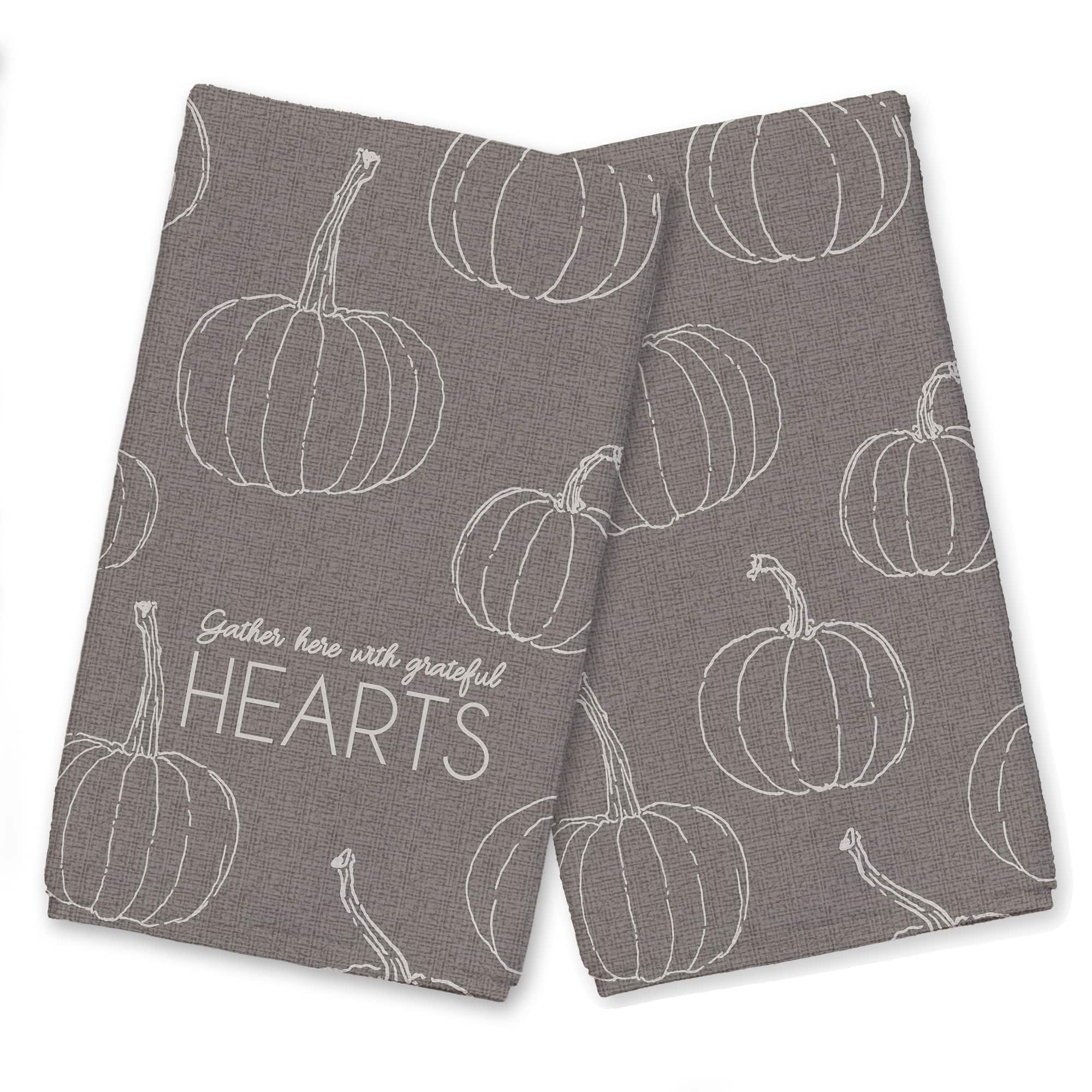 Grateful Hearts Gray Pumpkin Tea Towel Set