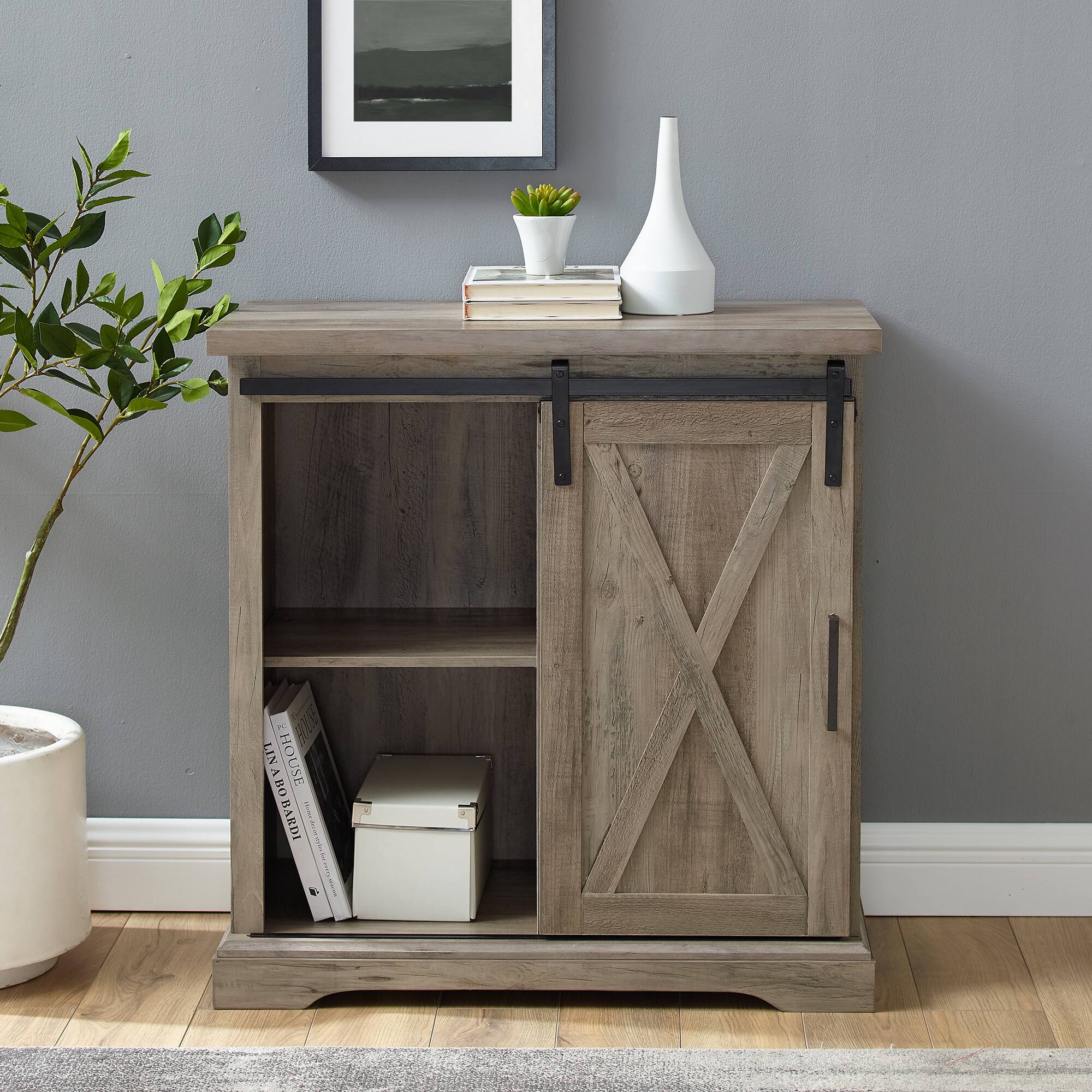 Walker Edison 32" Grey Wash Sliding Barn Door Farmhouse Accent Cabinet