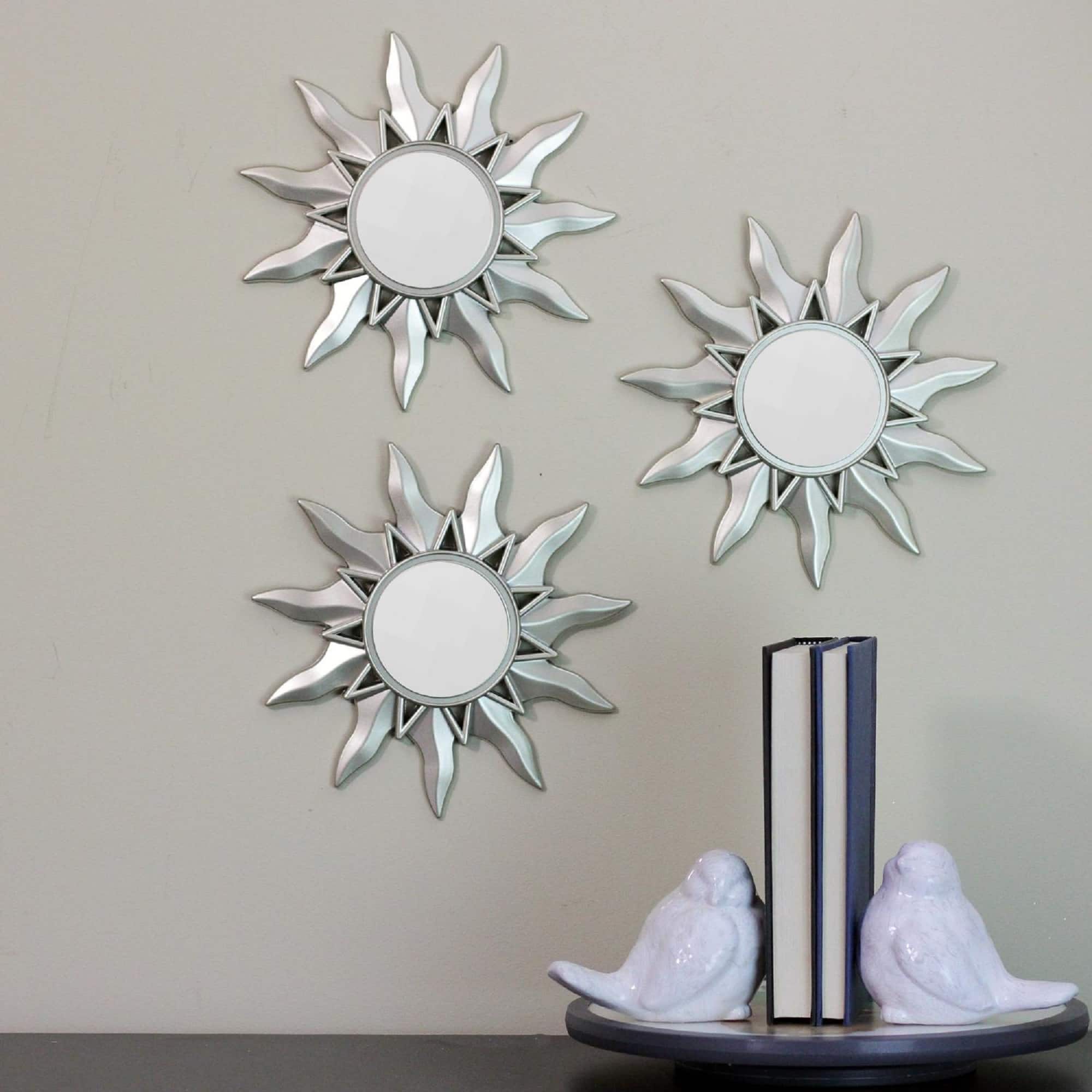 9.5" Mayan Sunburst Matte Silver Round Mirror Set