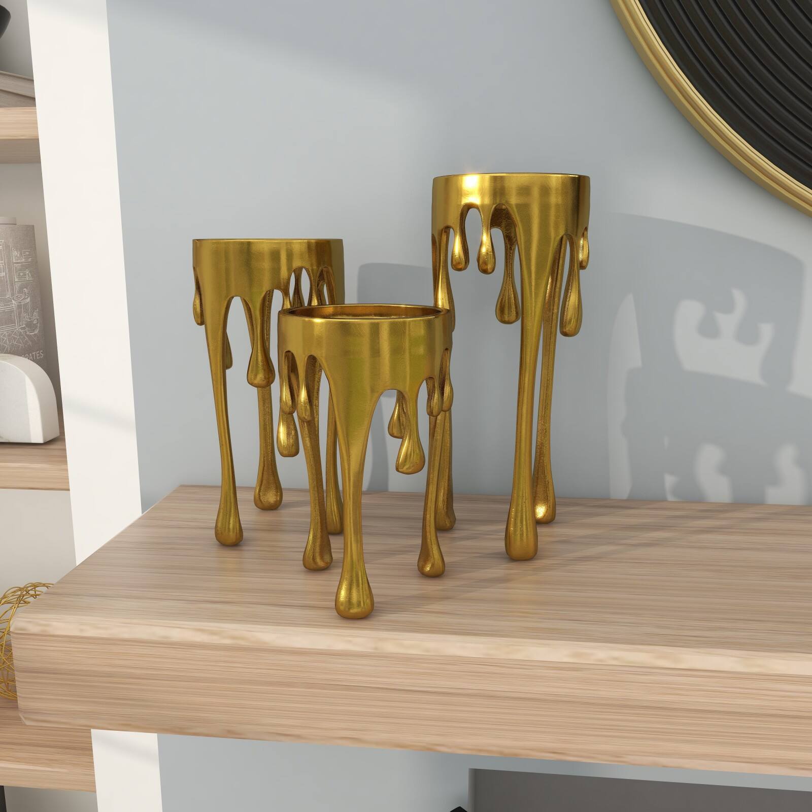 CosmoLiving by Cosmopolitan Gold Aluminum Pillar Candle Holder with Dripping Melting Designed Legs Set