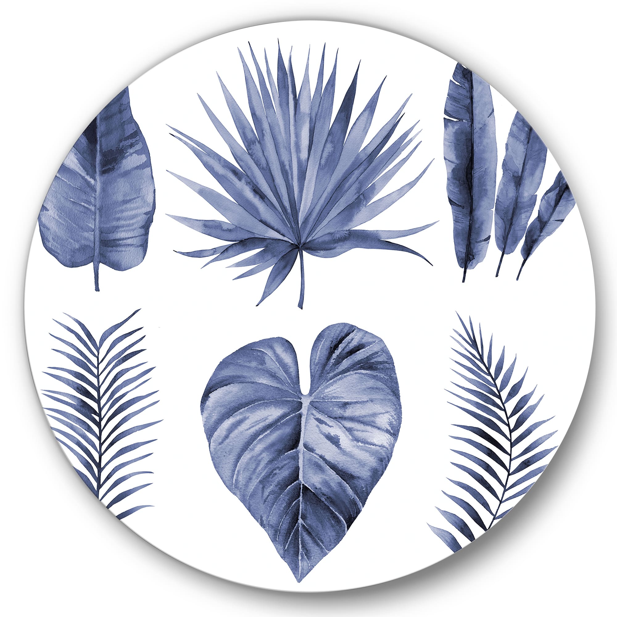 Designart - Tropical Blue Watercolour Leaves IV - Traditional Metal Circle Wall Art