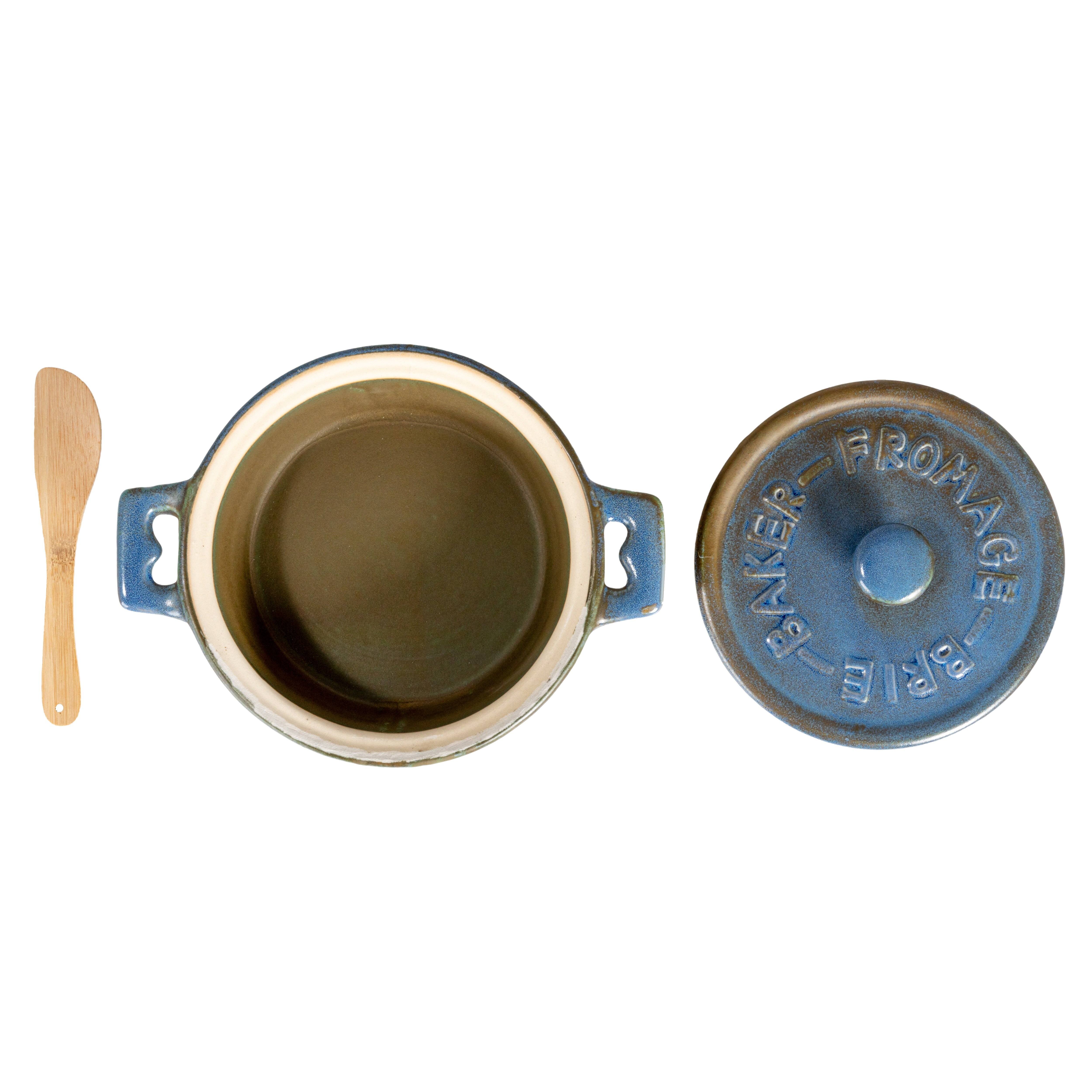 Hello Honey® Blue Stoneware Brie Bakers with Bamboo Spreader, 2ct.