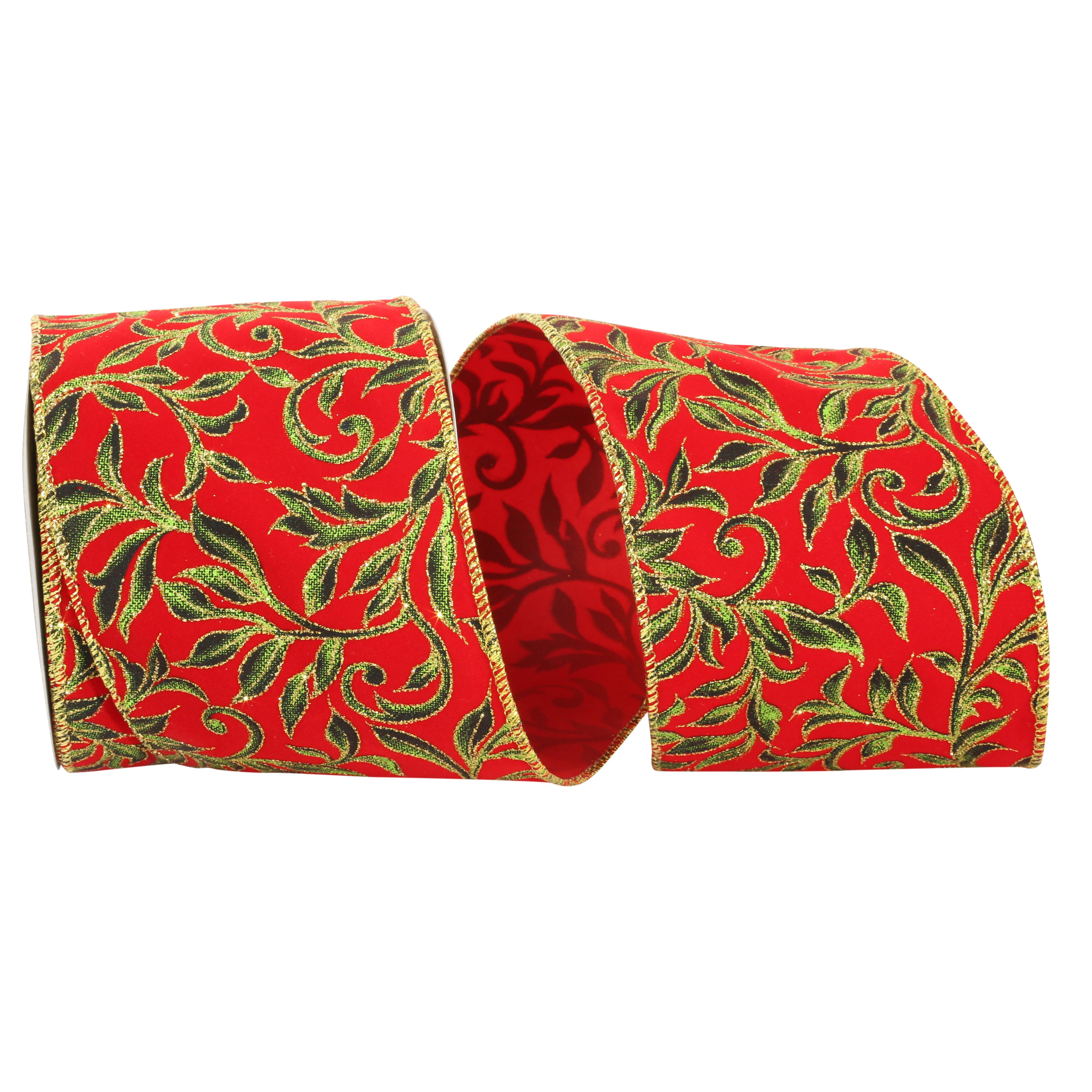 JAM Paper 4" x 10yd. Red & Green Exquisite Scroll Wired Velvet Ribbon