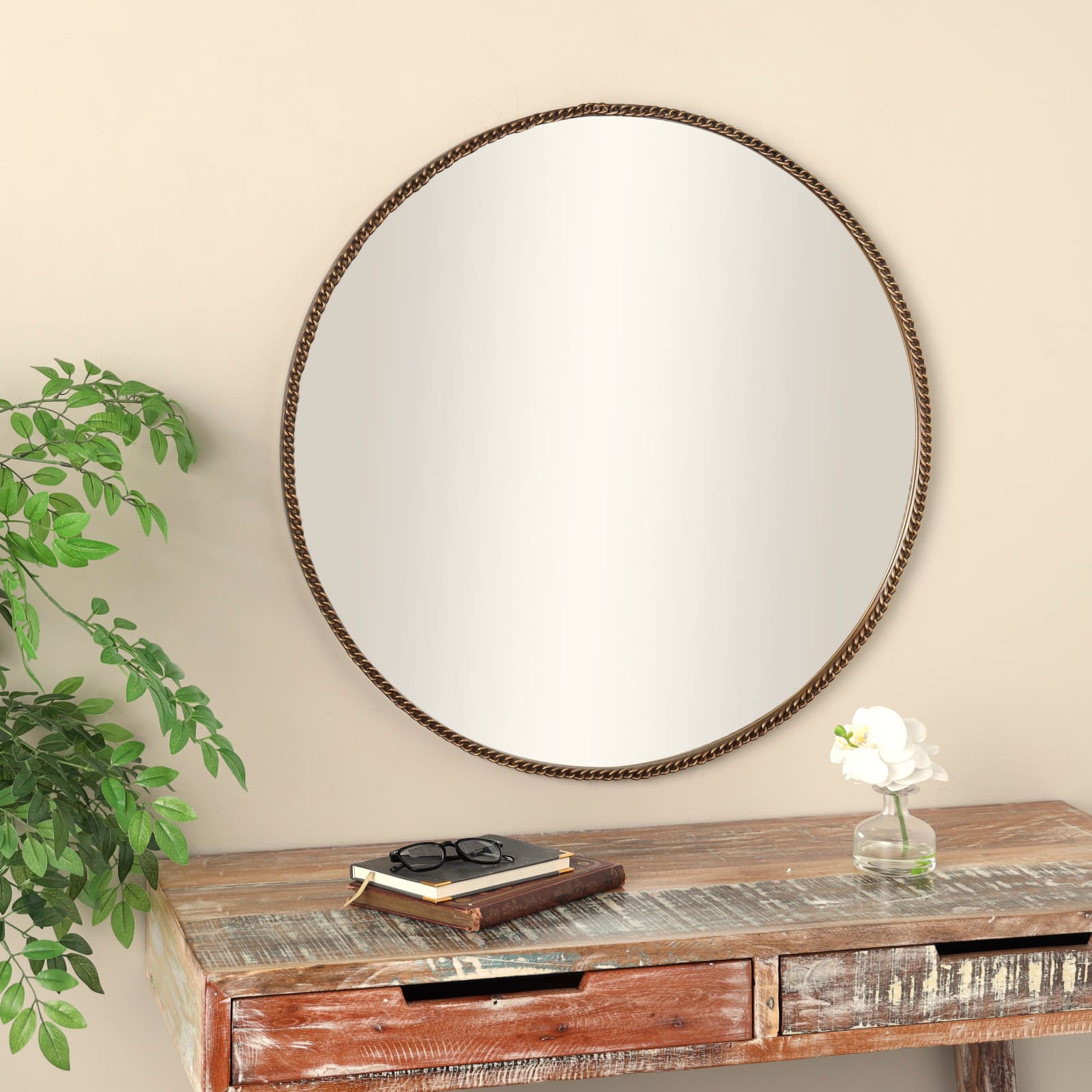 34&#x22; Gold Linked Chain Framed Round Wall Mirror