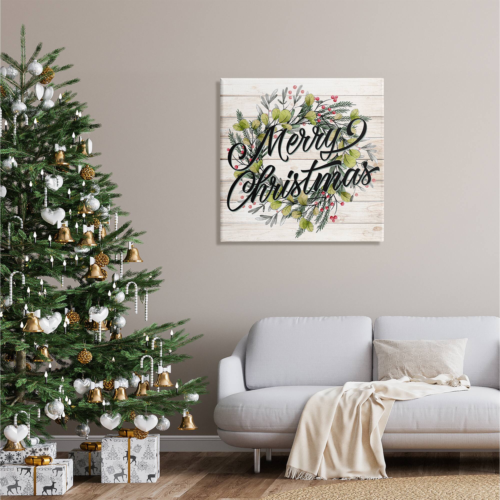 Stupell Industries Merry Christmas Botanical Wreath Canvas Wall Art