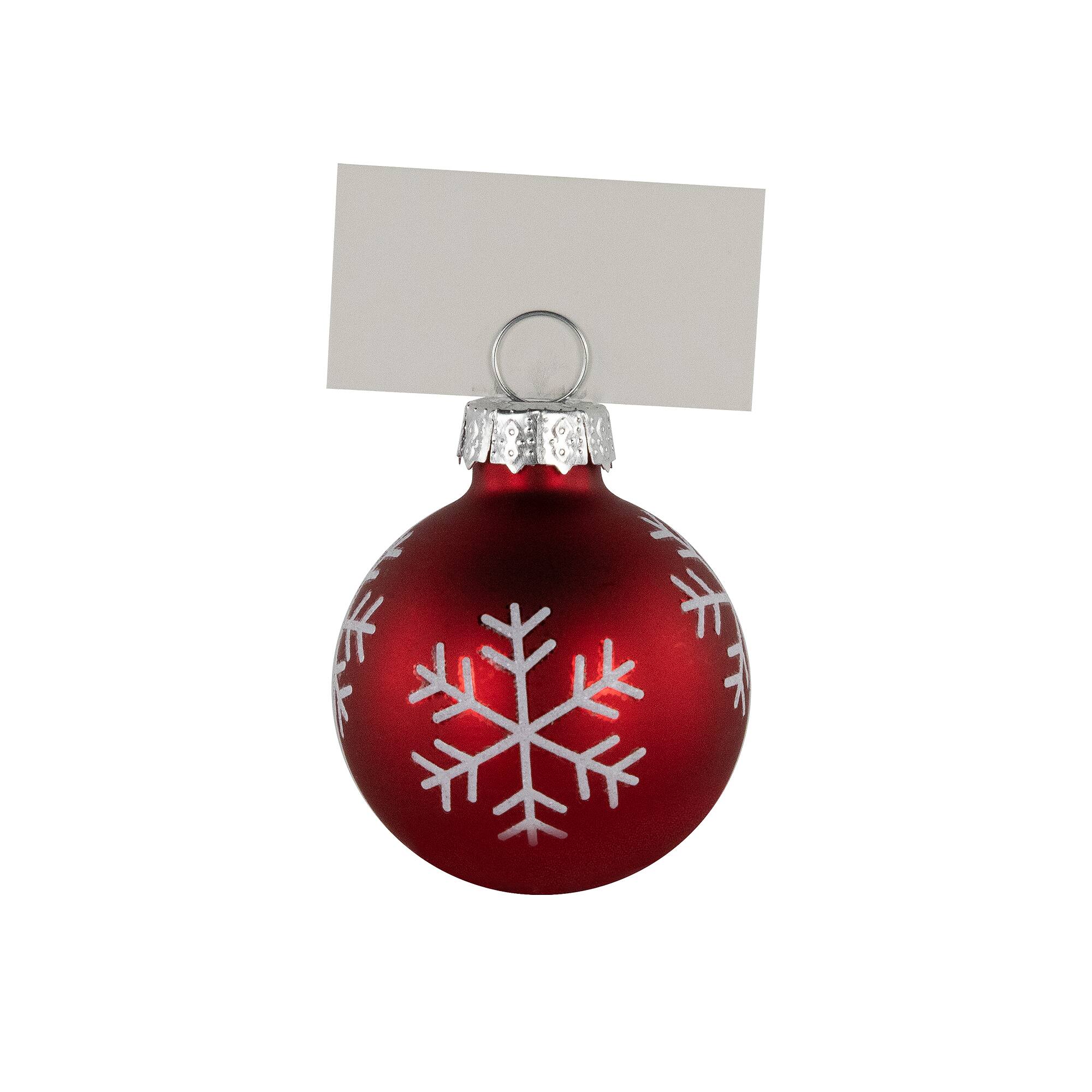 2" Red with Snowflake Accents Christmas Glass Ball Ornament Place Card Holders, 6 ct.
