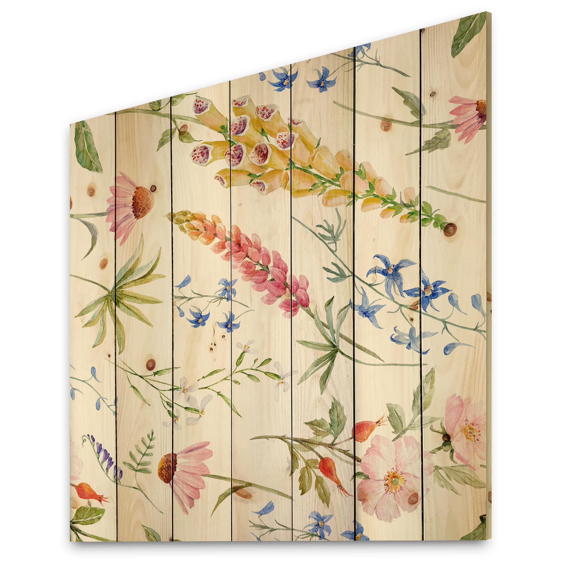 Designart - Vibrant Summer Wildflowers I - Traditional Print on Natural Pine Wood