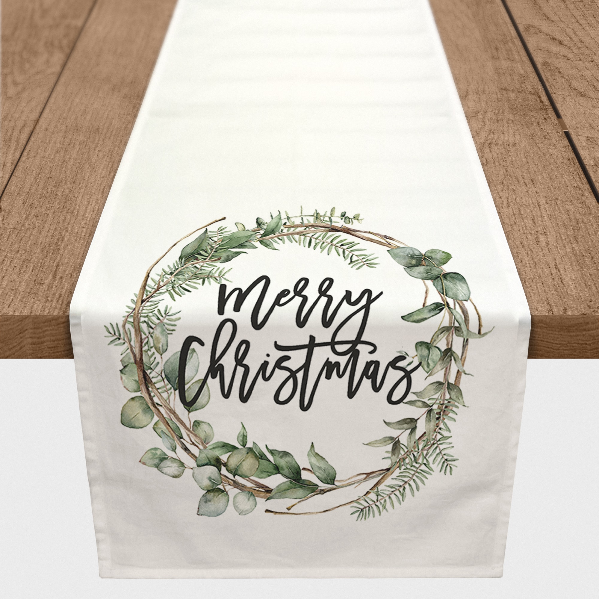 72&#x22; Merry Christmas Wreath Poly Twill Table Runner