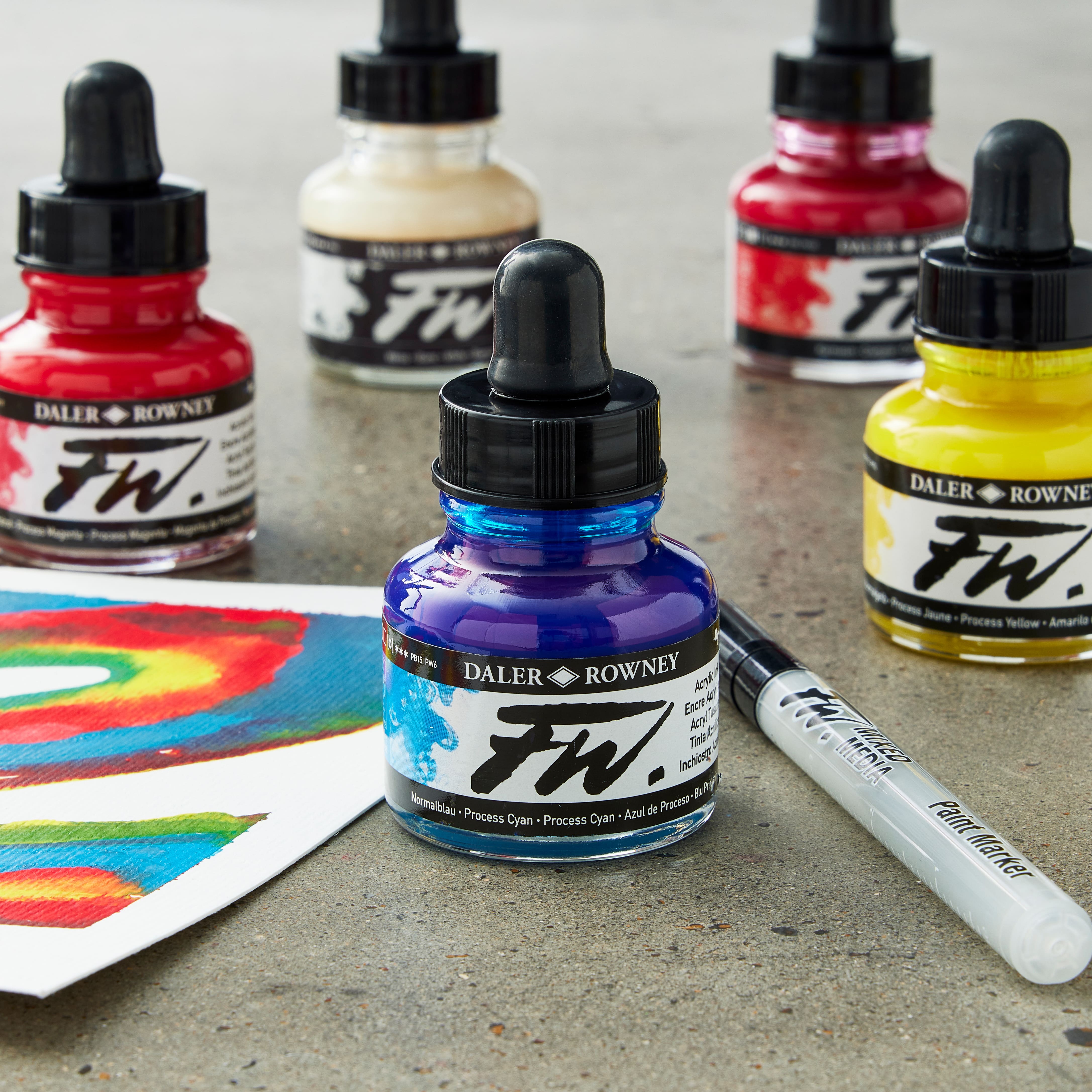 FW Acrylic Ink Primary Colors Set of 6 with Empty Marker