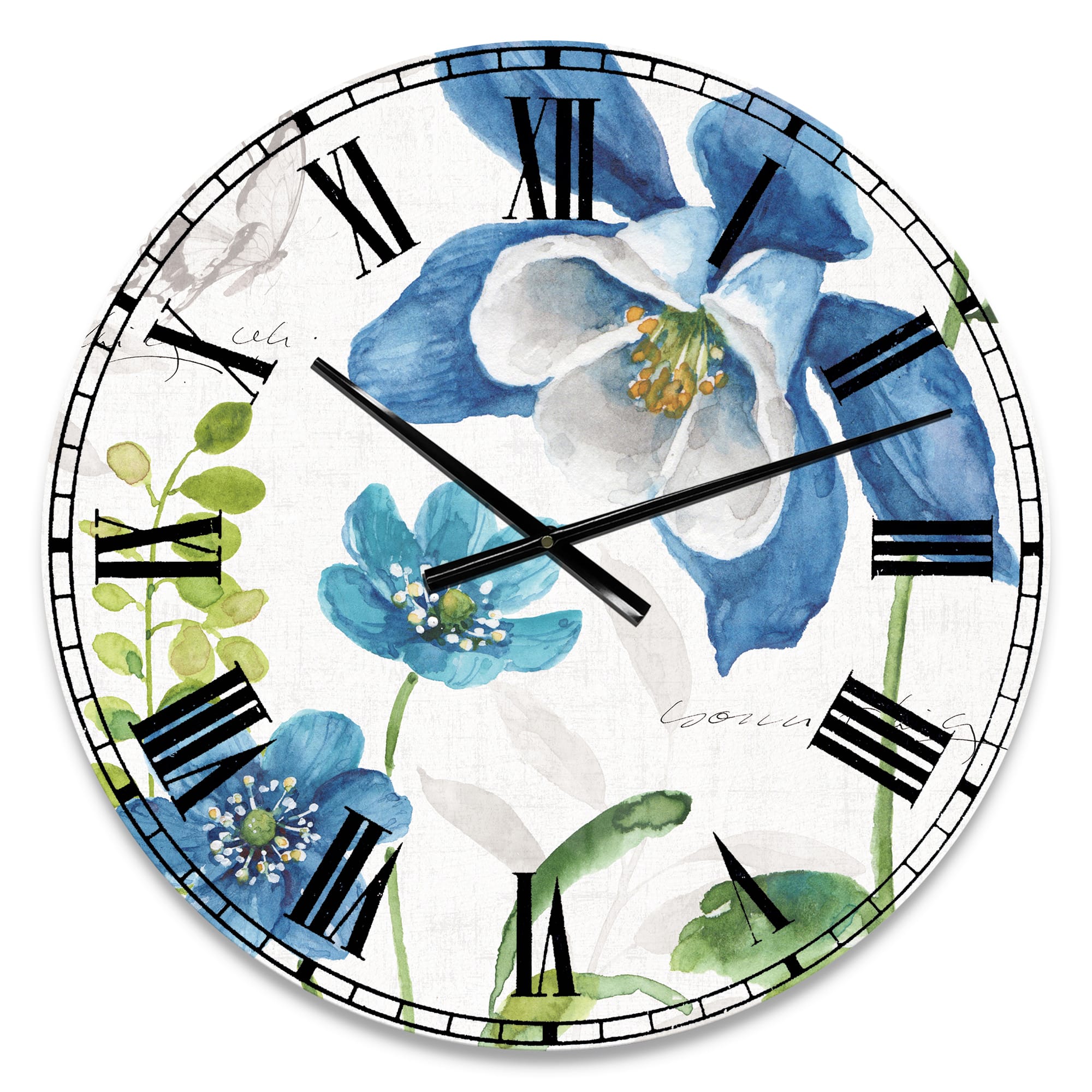 Designart 'Blue Columbine Flowers With Butterfly Traditional Wall Clock