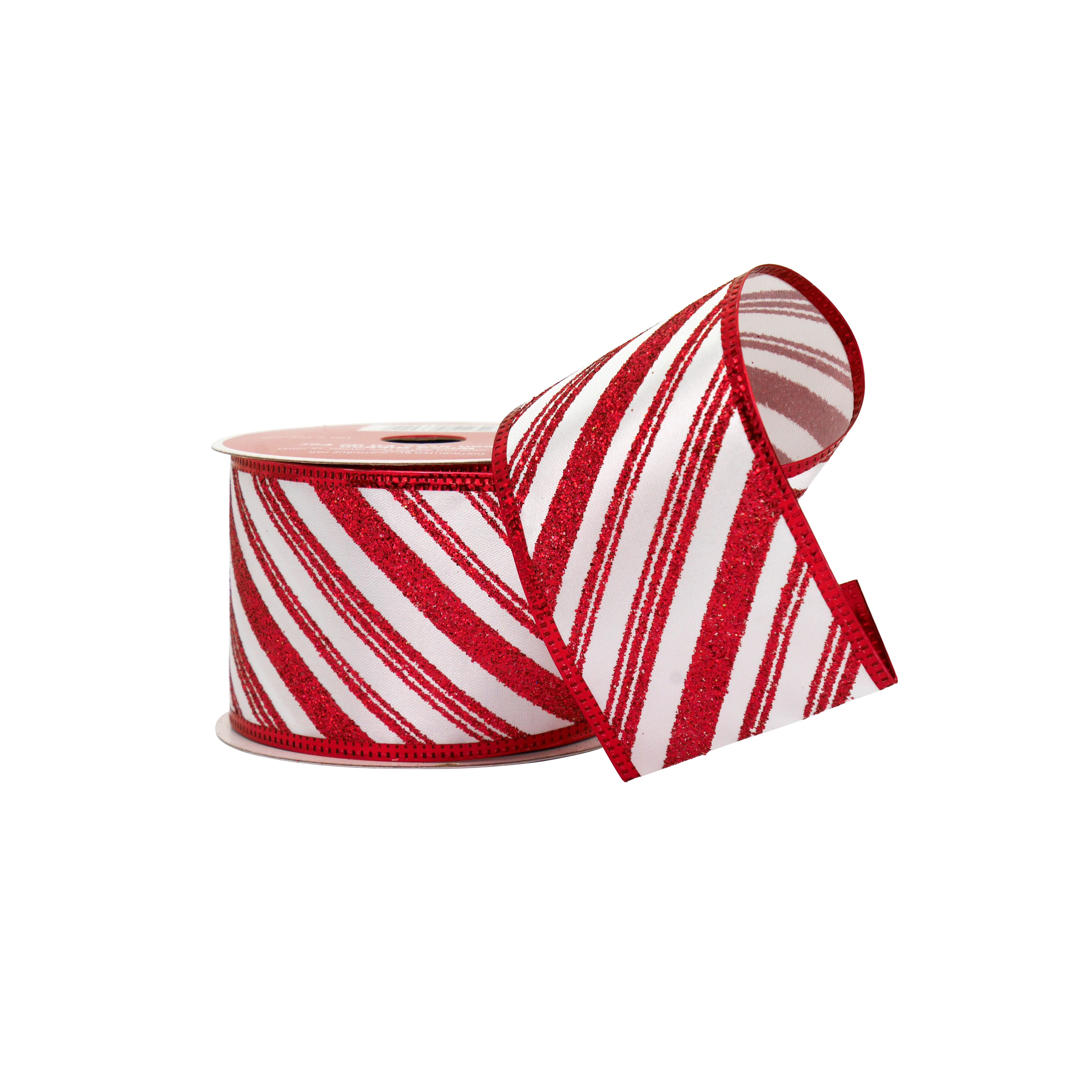 2.5&#x22; x 20ft. White &#x26; Red Glitter Diagonal Stripes Wired Ribbon by Celebrate It&#xAE;