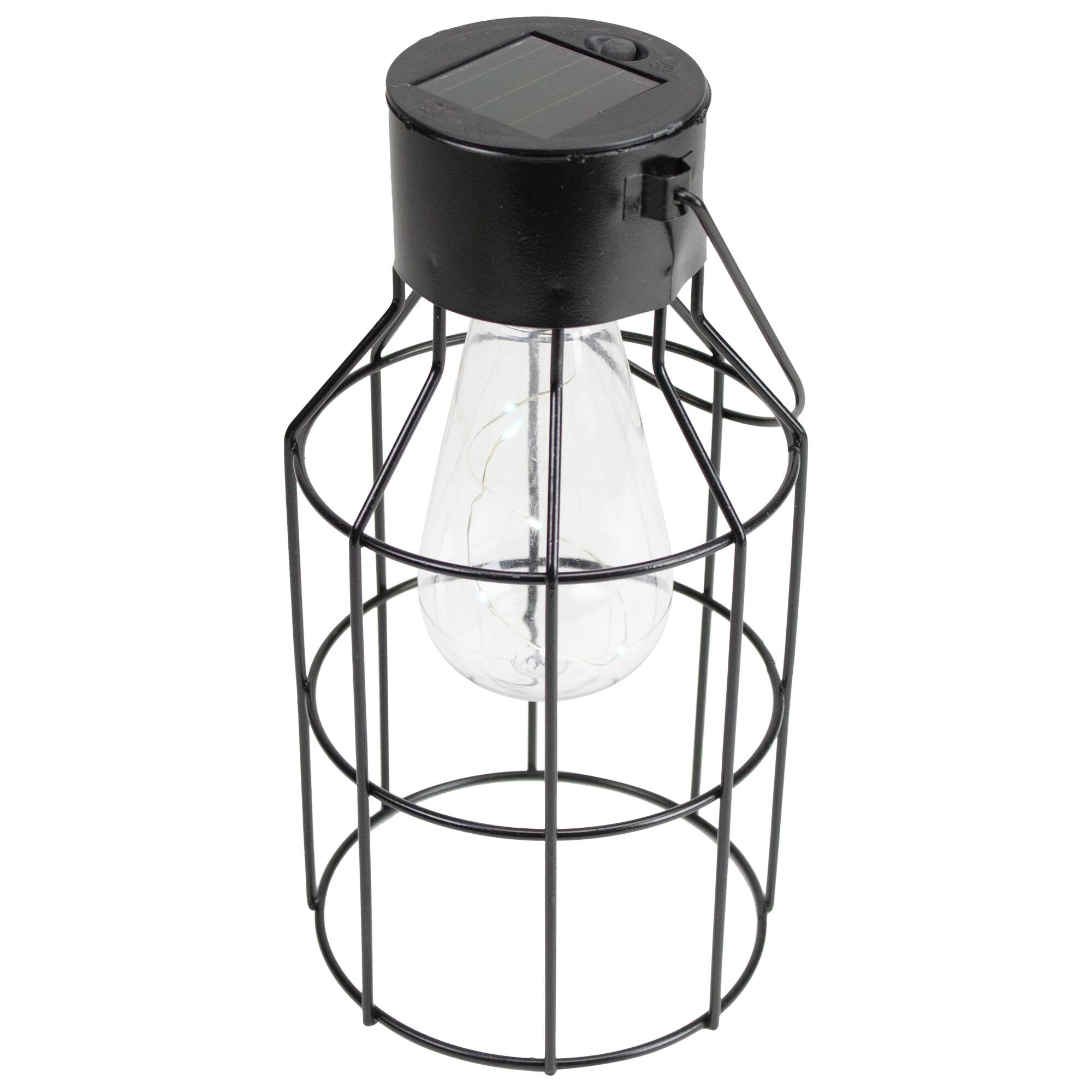 9.5&#x22; Black Outdoor Geometric Hanging Solar Lantern with Handle Outdoor D&#xE9;cor