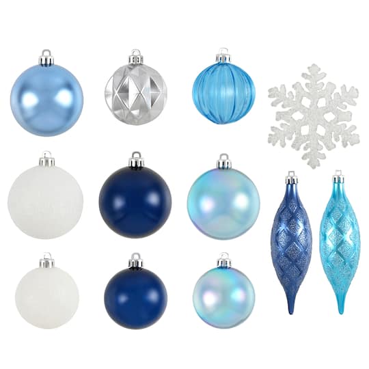 40ct. Silver, White & Blue Shatterproof Christmas Ornament Set by ...