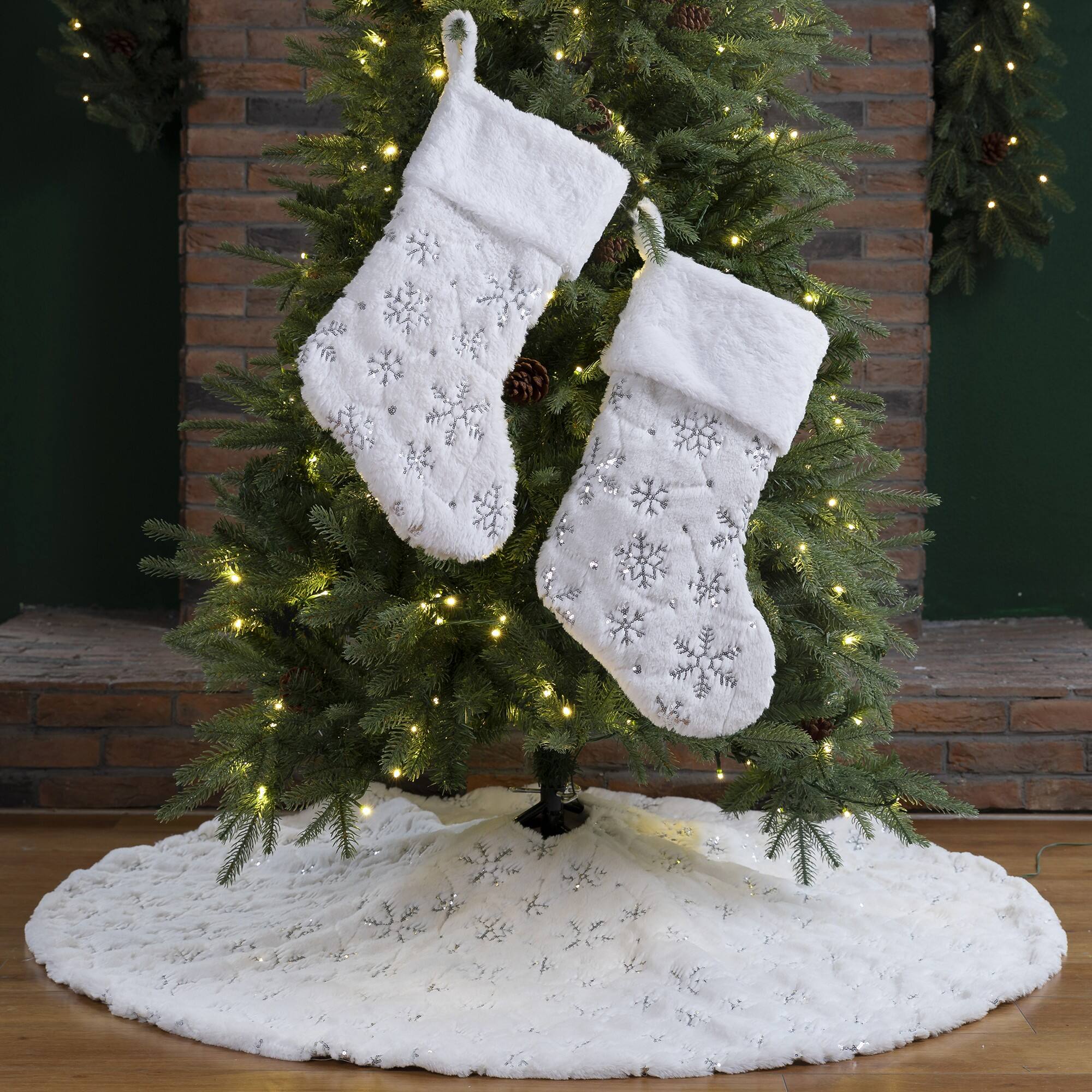 Glitzhome&#xAE; White Plush with Snowflake Christmas Stocking &#x26; Tree Skirt Set