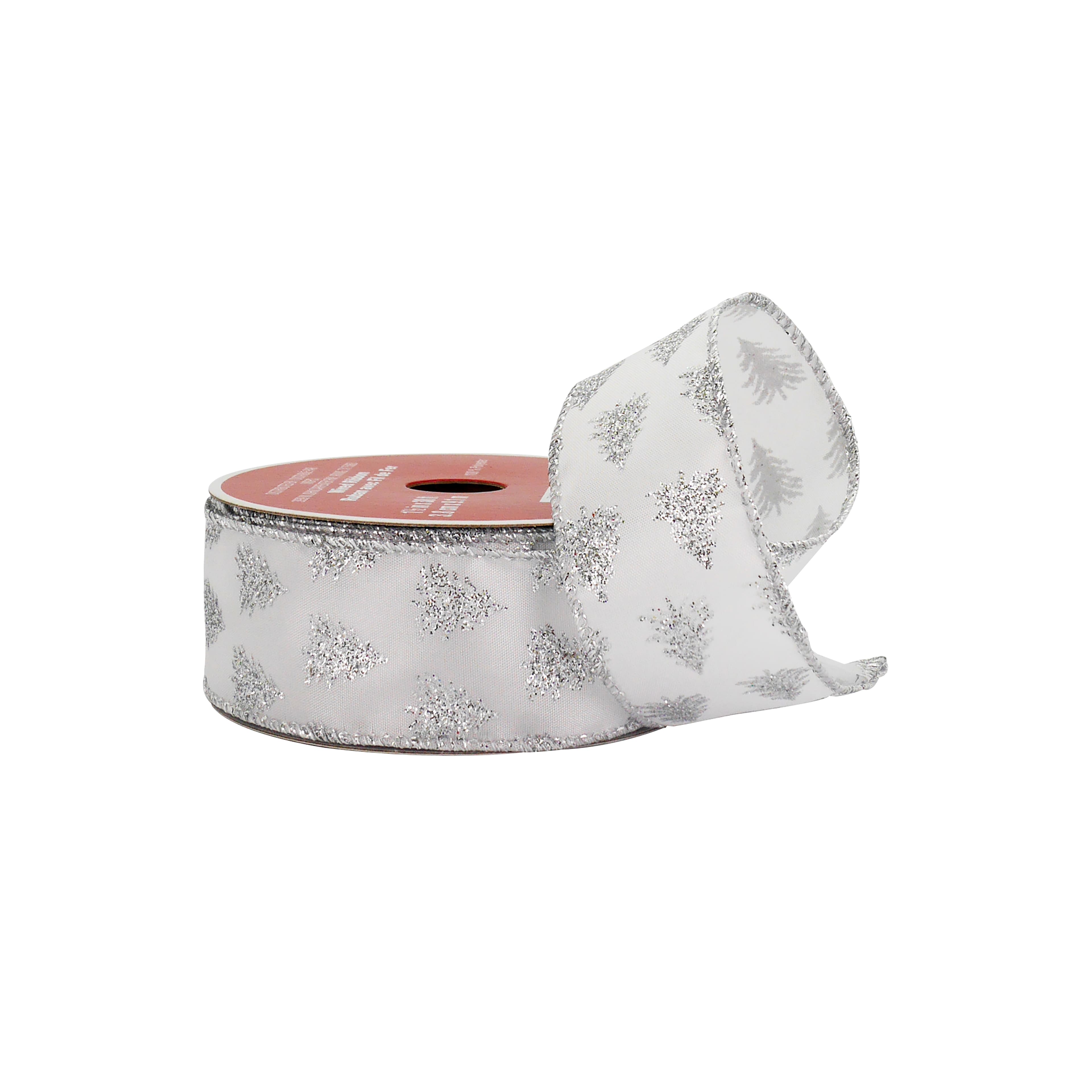 1.5&#x22; x 30ft. Silver Glitter Tree White Taffeta Wired Ribbon by Celebrate It&#xAE;