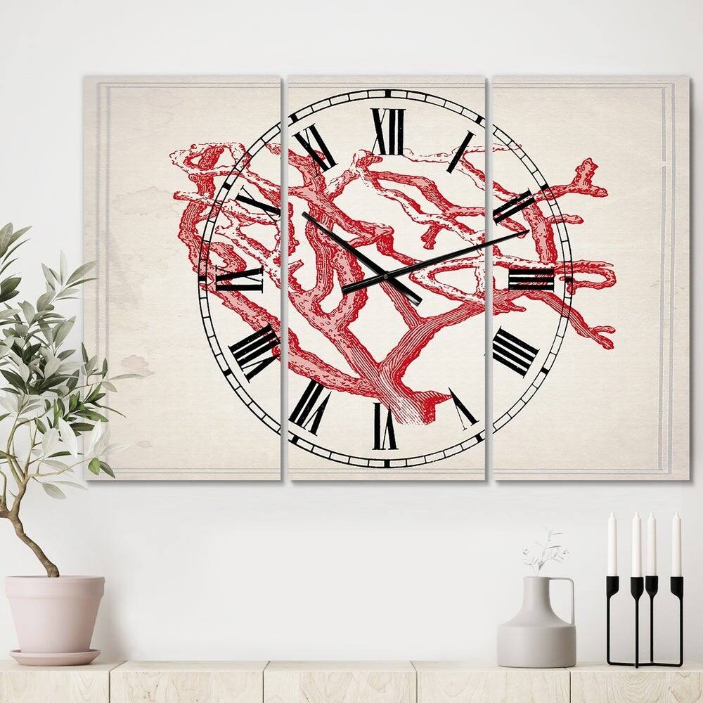 Designart Red Coral Oversized Nautical &#x26; Coastal 3 Panel Wall Clock