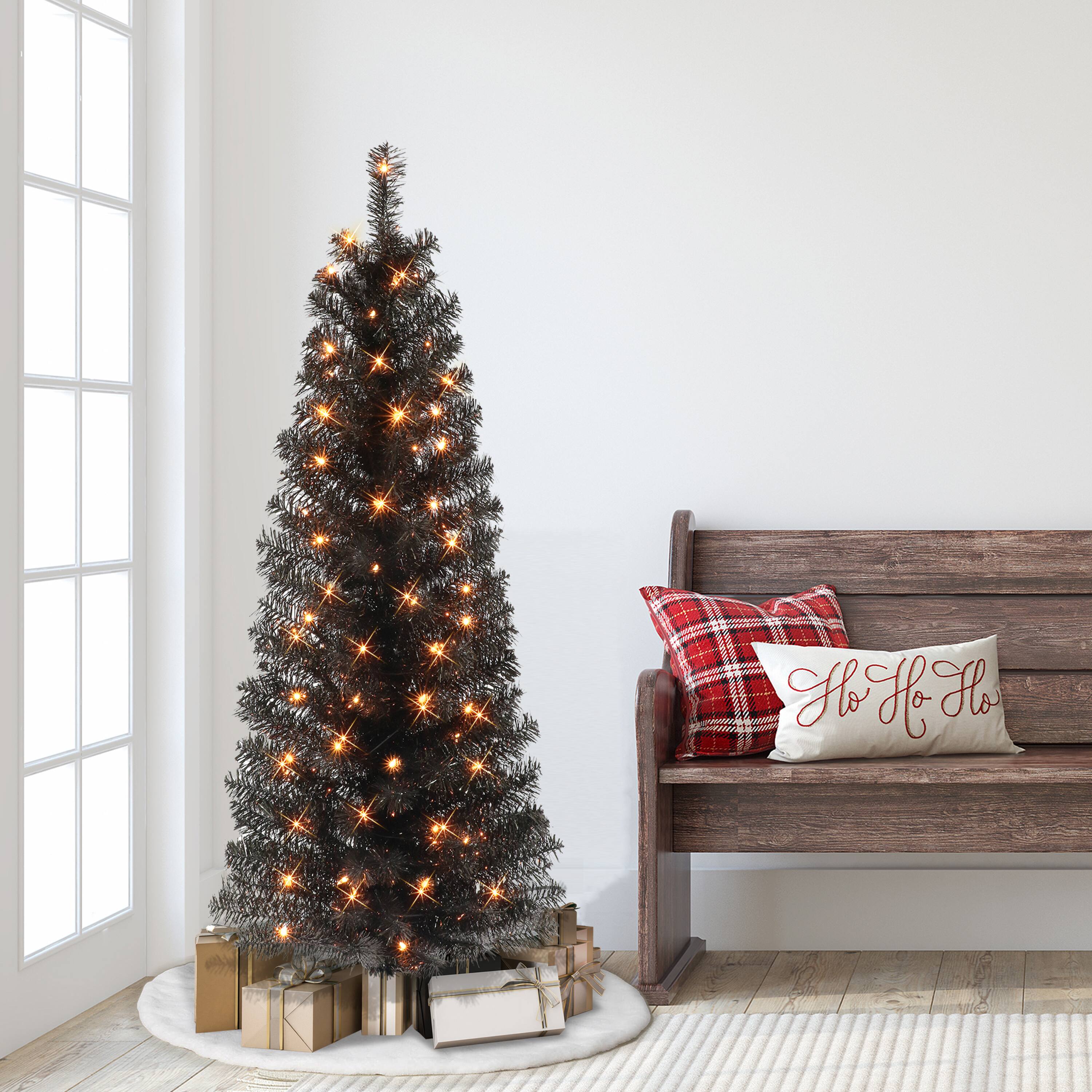 4.5ft. Pre-Lit Black Tinsel Artificial Christmas Tree, Clear Lights